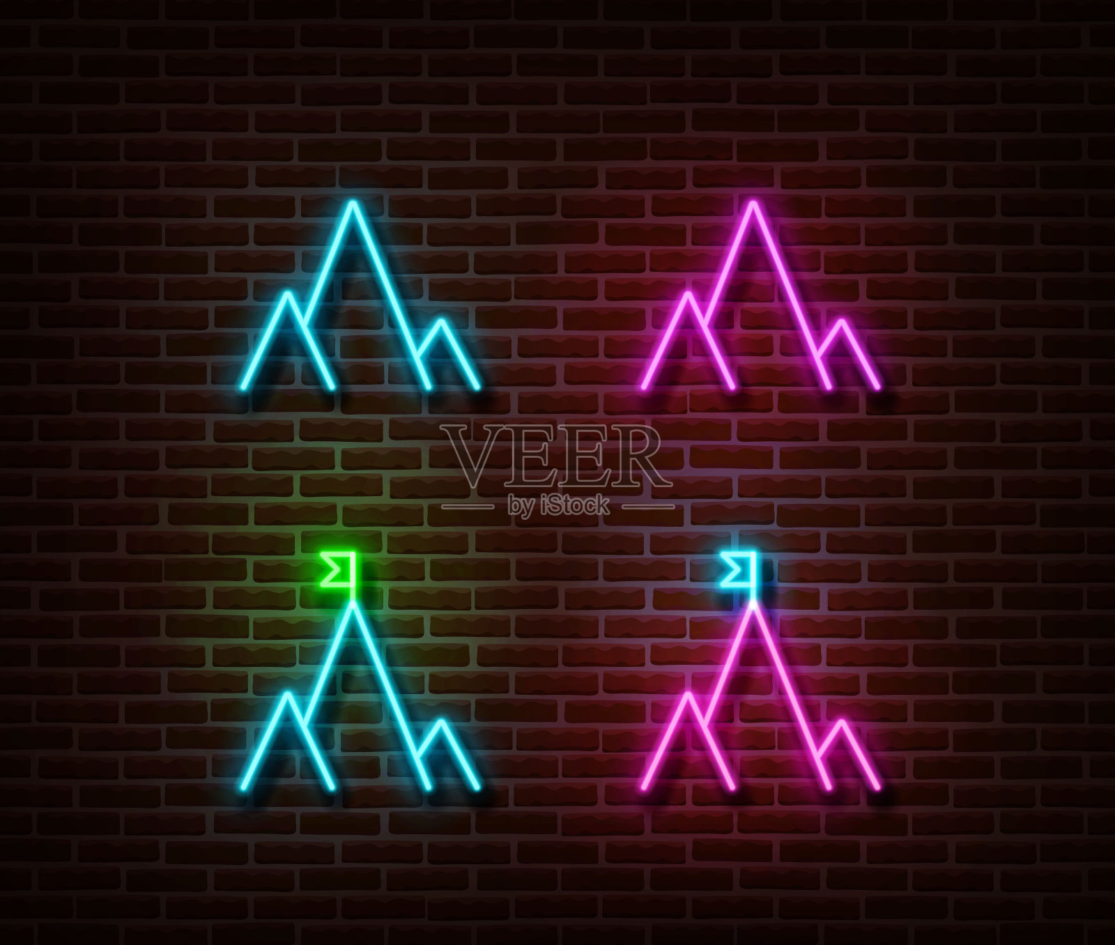 霓虹山矢量标志孤立在砖墙上。插画图片素材
