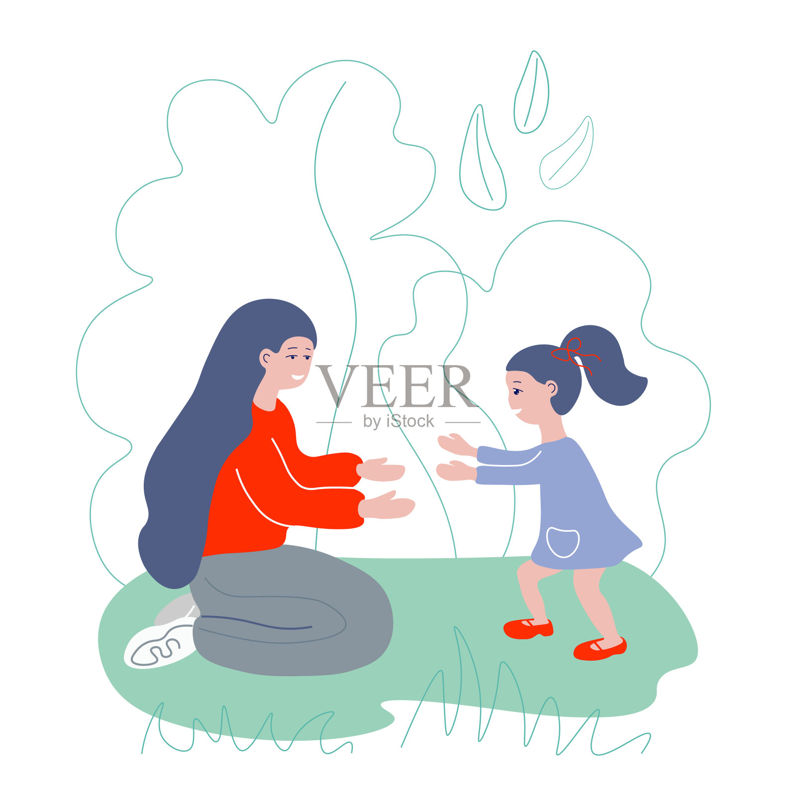 小女孩穿着漂亮的裙子跑到妈妈的怀里。和家人一起散步。设计元素图片