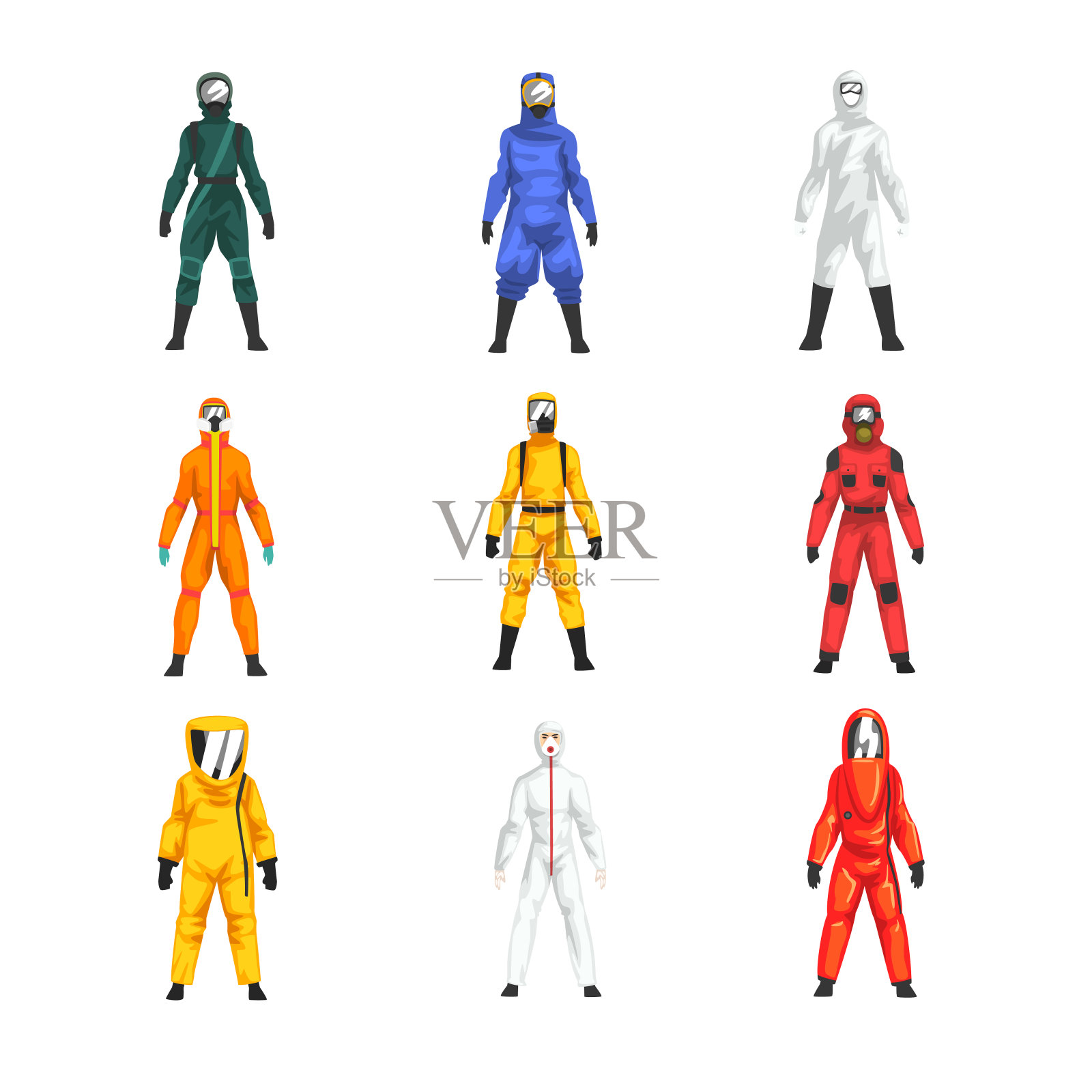 不同工人防护服和头盔套装,专业防护制服矢量图插画图片素材