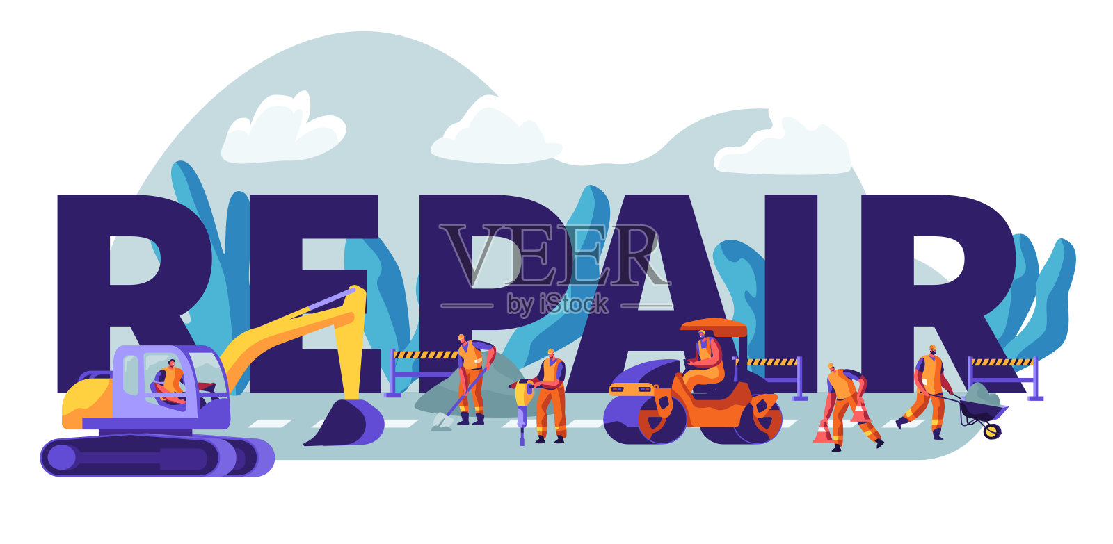 用工程机械和劳动人民的理念修路。挖掘机和滚动重型车辆进行沥青养护。海报,横幅,传单,宣传册。卡通平面矢量插图插画图片素材