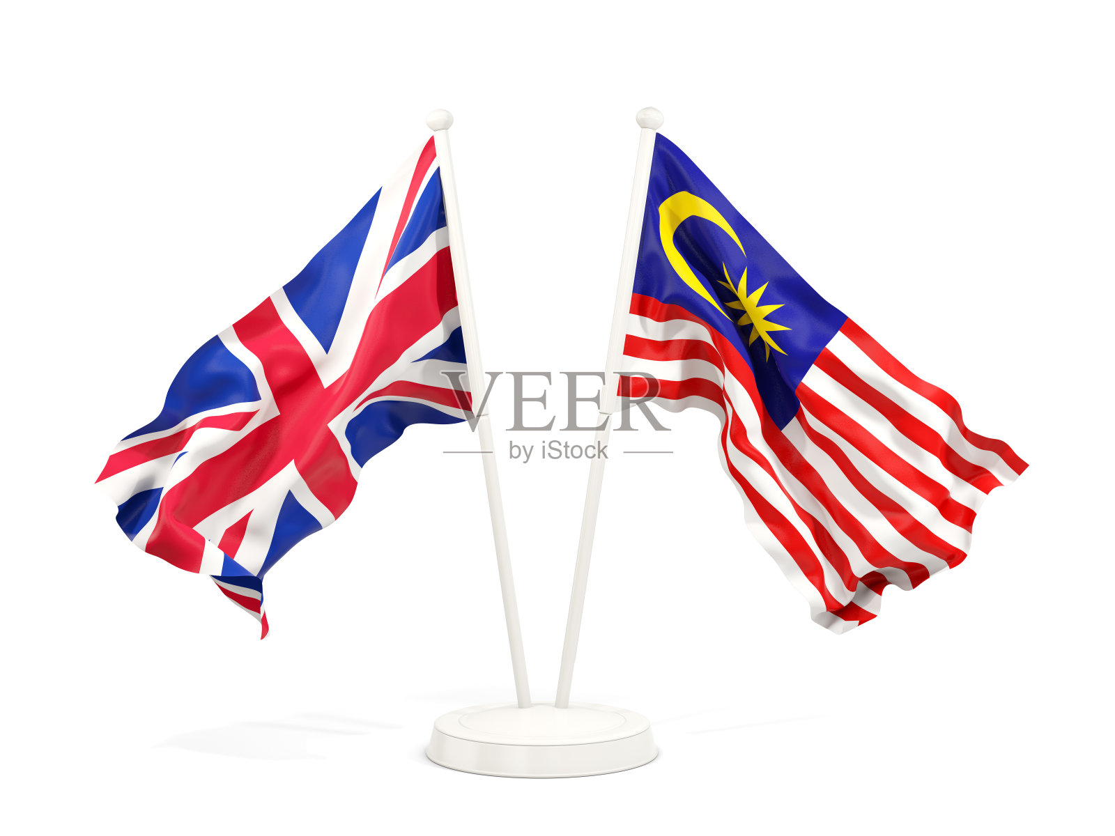 两面飘扬的英国和马来西亚国旗被孤立在白色之上照片摄影图片