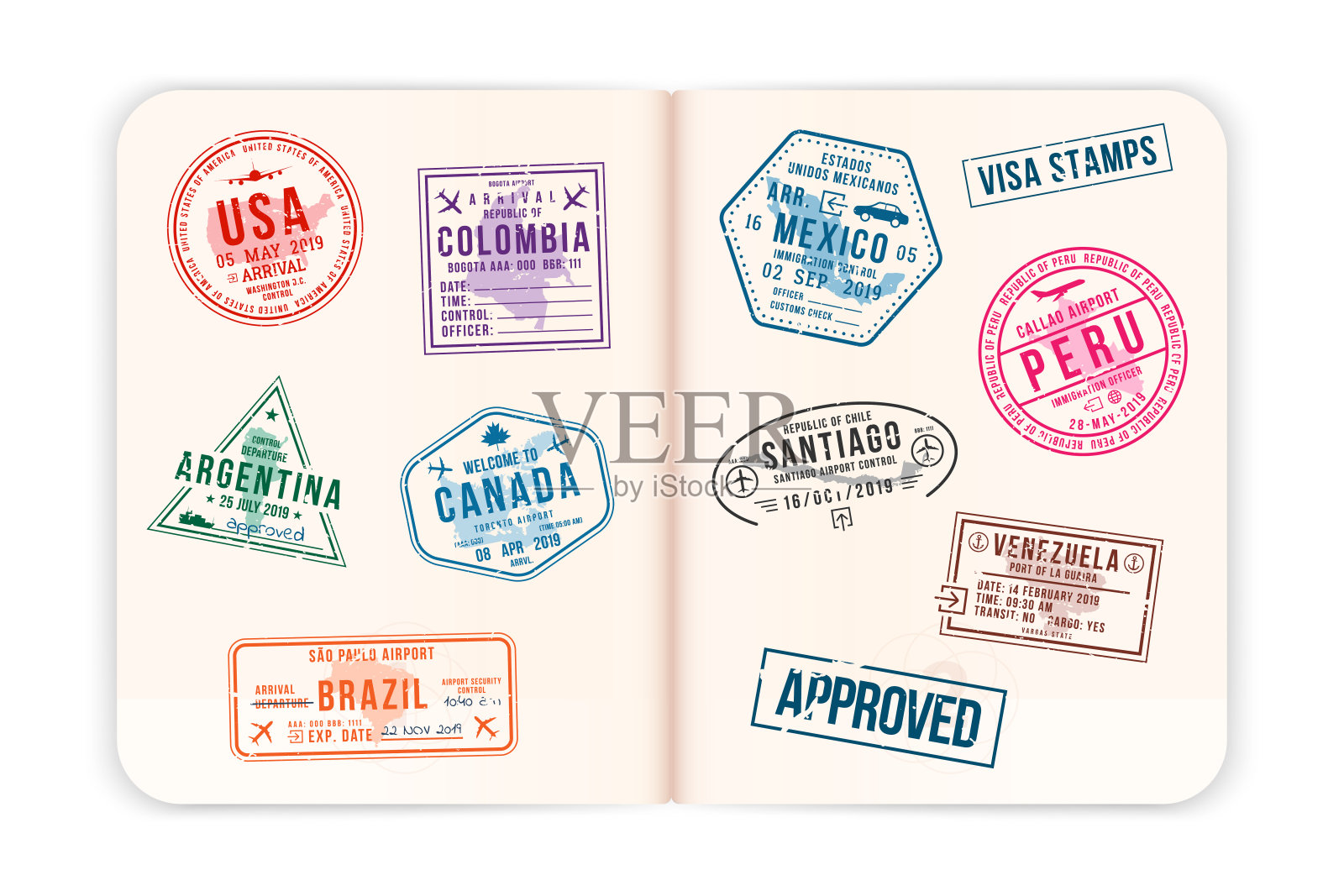 真实的护照页与签证印章。打开加盖海关签证章的外国护照。去美国旅游的概念插画图片素材