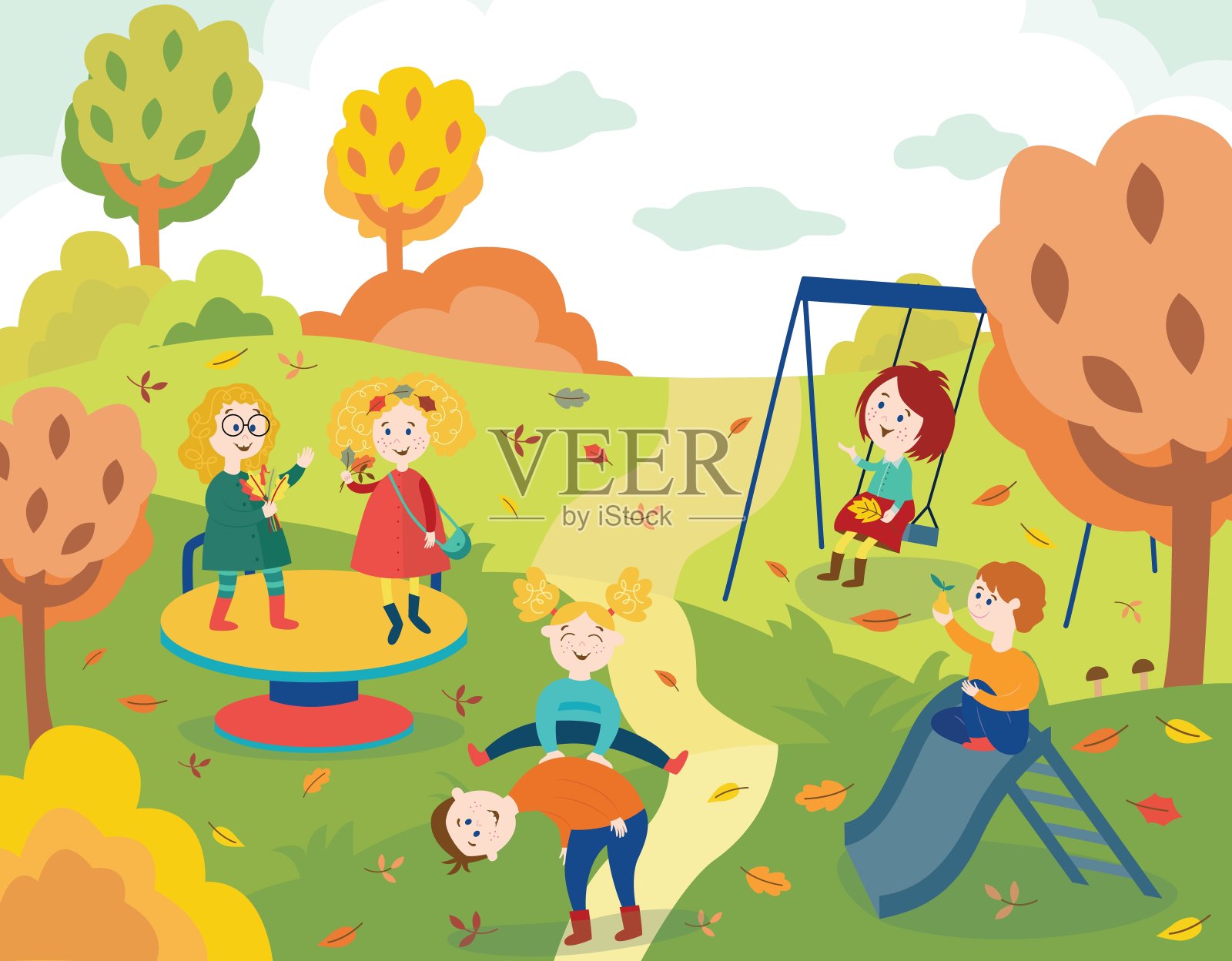 欢快的孩子们在户外的秋天公园里嬉戏荡秋千。插画图片素材