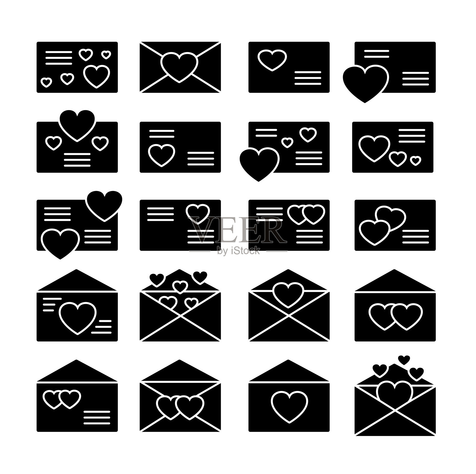 情书符号。矢量平面图标集。情人节的邮件。开封心形信封。孤立的对象图标素材