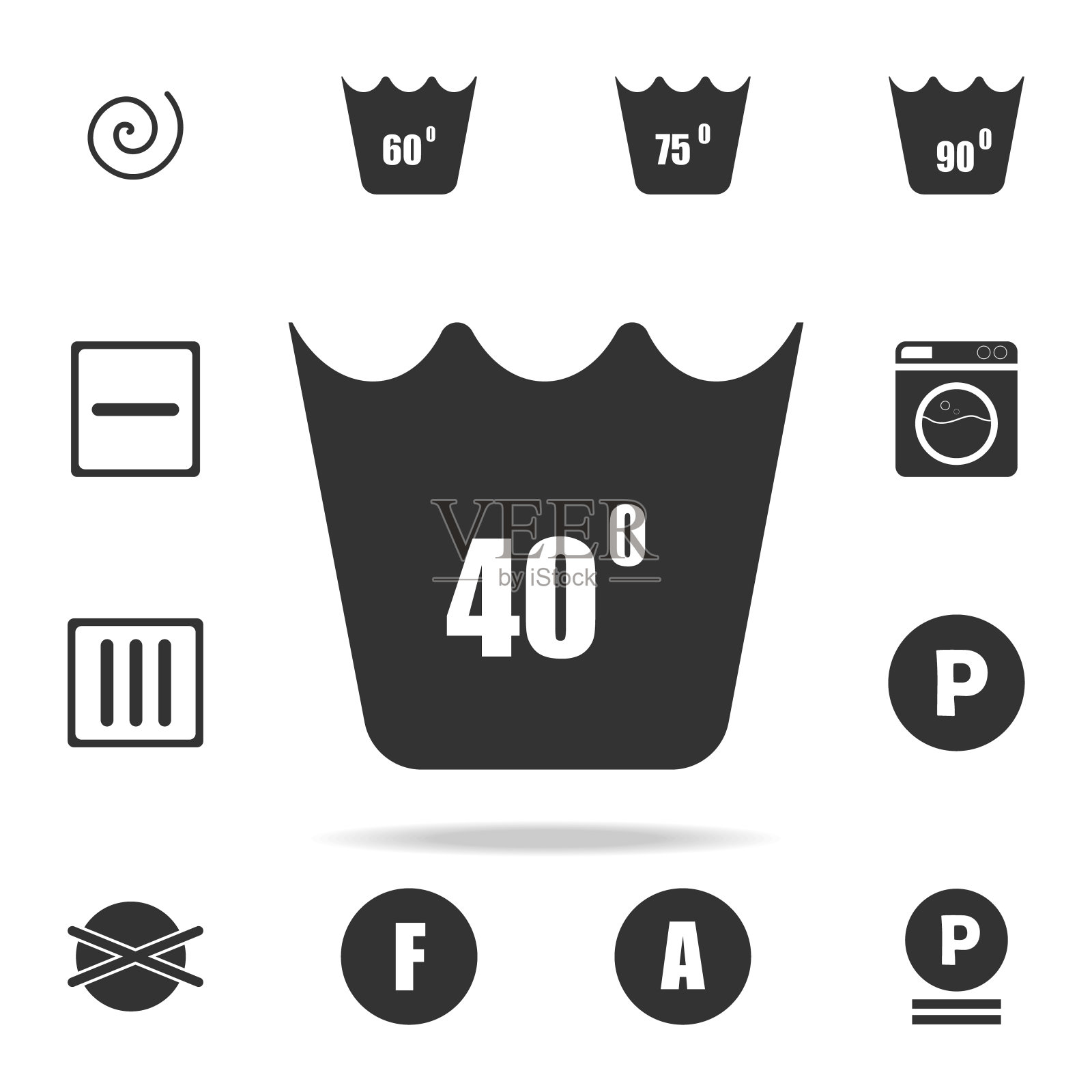 40度机洗图标。详细的一套洗衣图标。优质的平面设计。收藏图标之一的网站,网页设计,移动应用程序图标素材