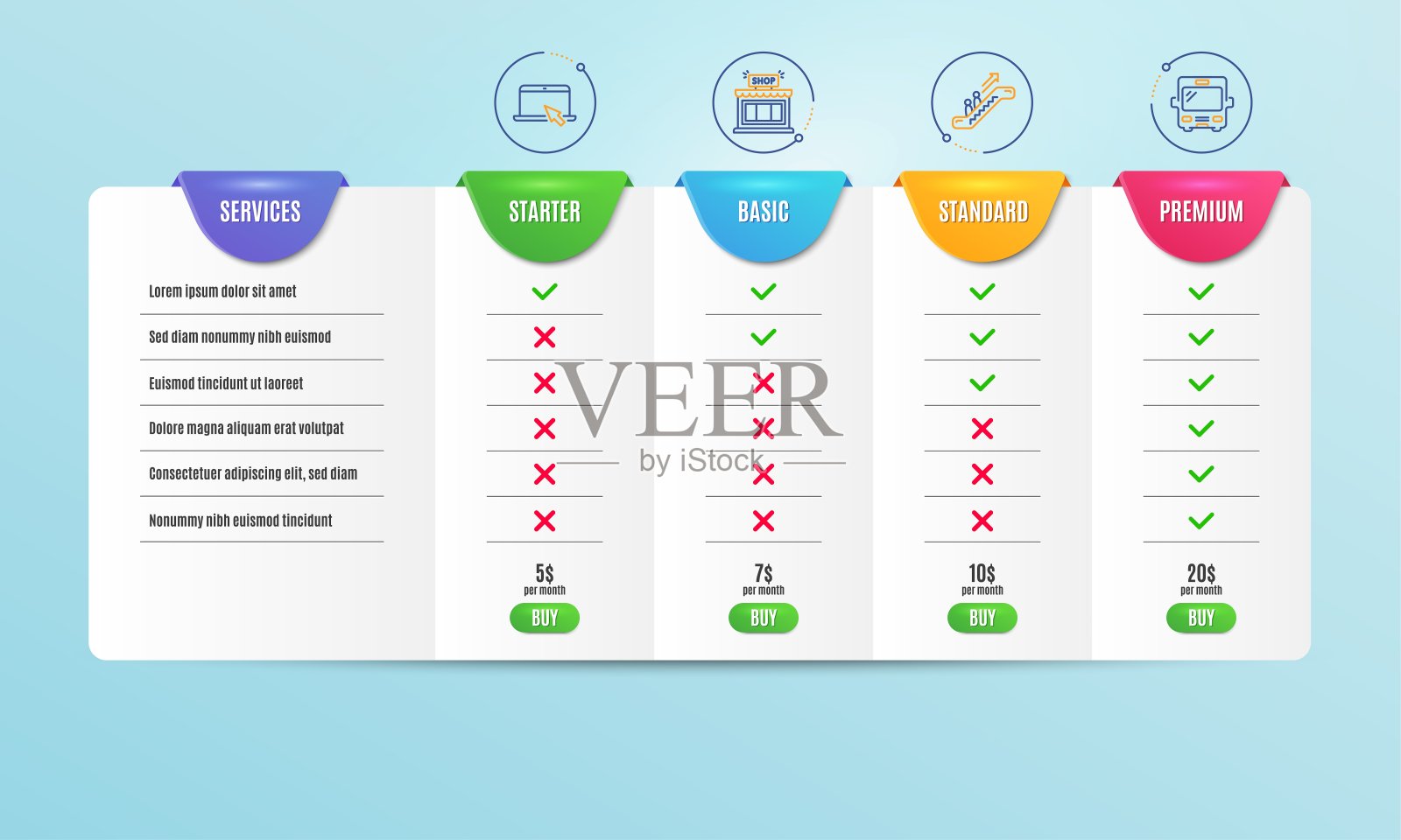 便携式电脑,自动扶梯和商店图标集。总线信号。笔记本设备,电梯,商店。旅游交通工具。向量插画图片素材