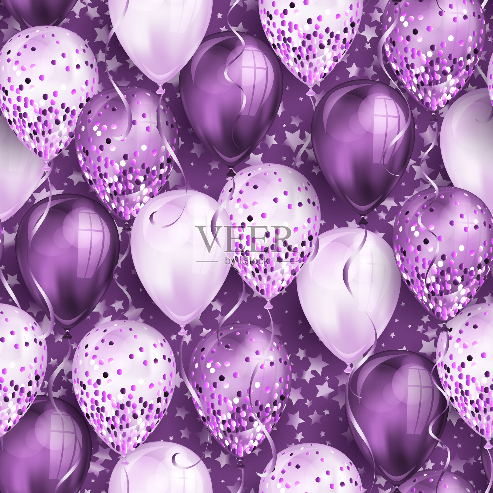 无缝模式与星星和闪亮的紫色现实3D氦气球为您的设计。闪亮的气球和丝带,完美的背景生日派对宣传册,邀请卡插画图片素材