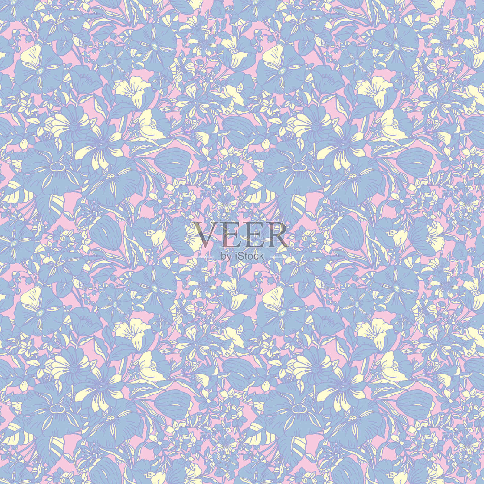 花卉无缝模式与抽象的叶子,花,牵牛花和雏菊。插画图片素材