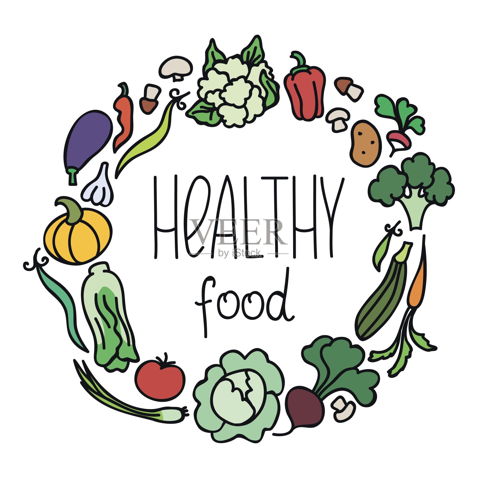 图片的圆形小插画与彩色蔬菜插画图片素材