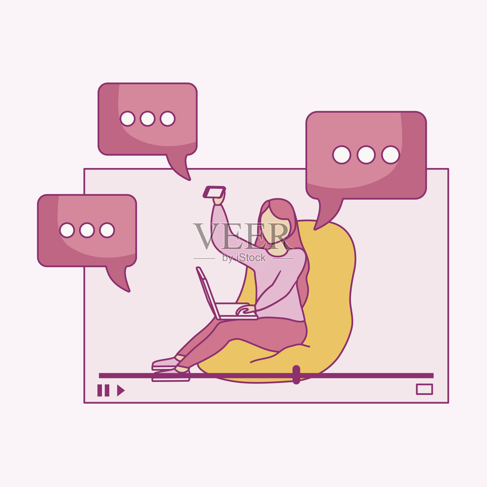 一名女子坐着使用笔记本电脑和语音泡泡插画图片素材