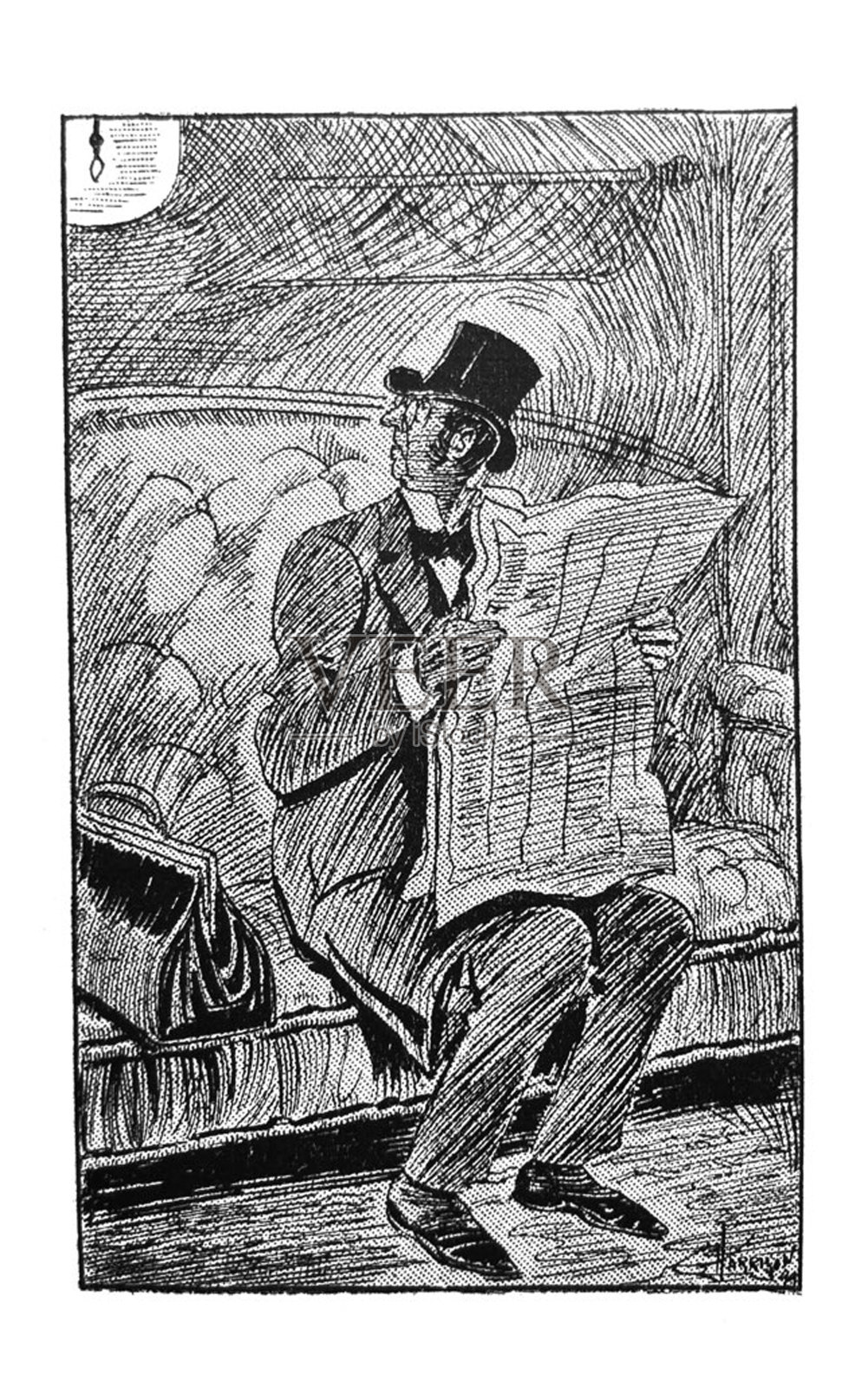 英国讽刺漫画漫画插图男人在黑暗的火车上读报纸插画图片素材