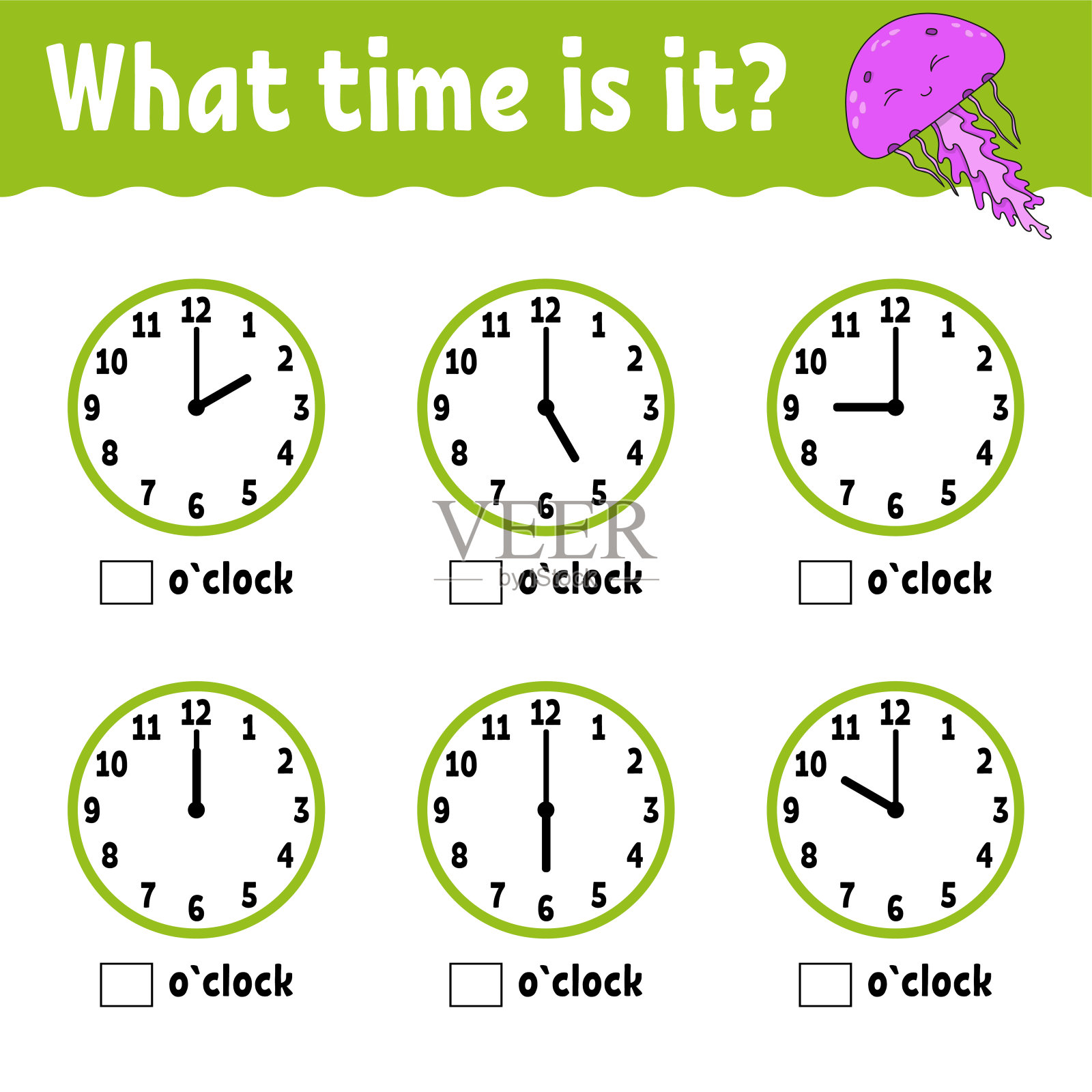 学习时间靠时钟。儿童和学步儿童的教育活动工作表。游戏对孩子们。简单的平面孤立矢量插图在可爱的卡通风格。插画图片素材