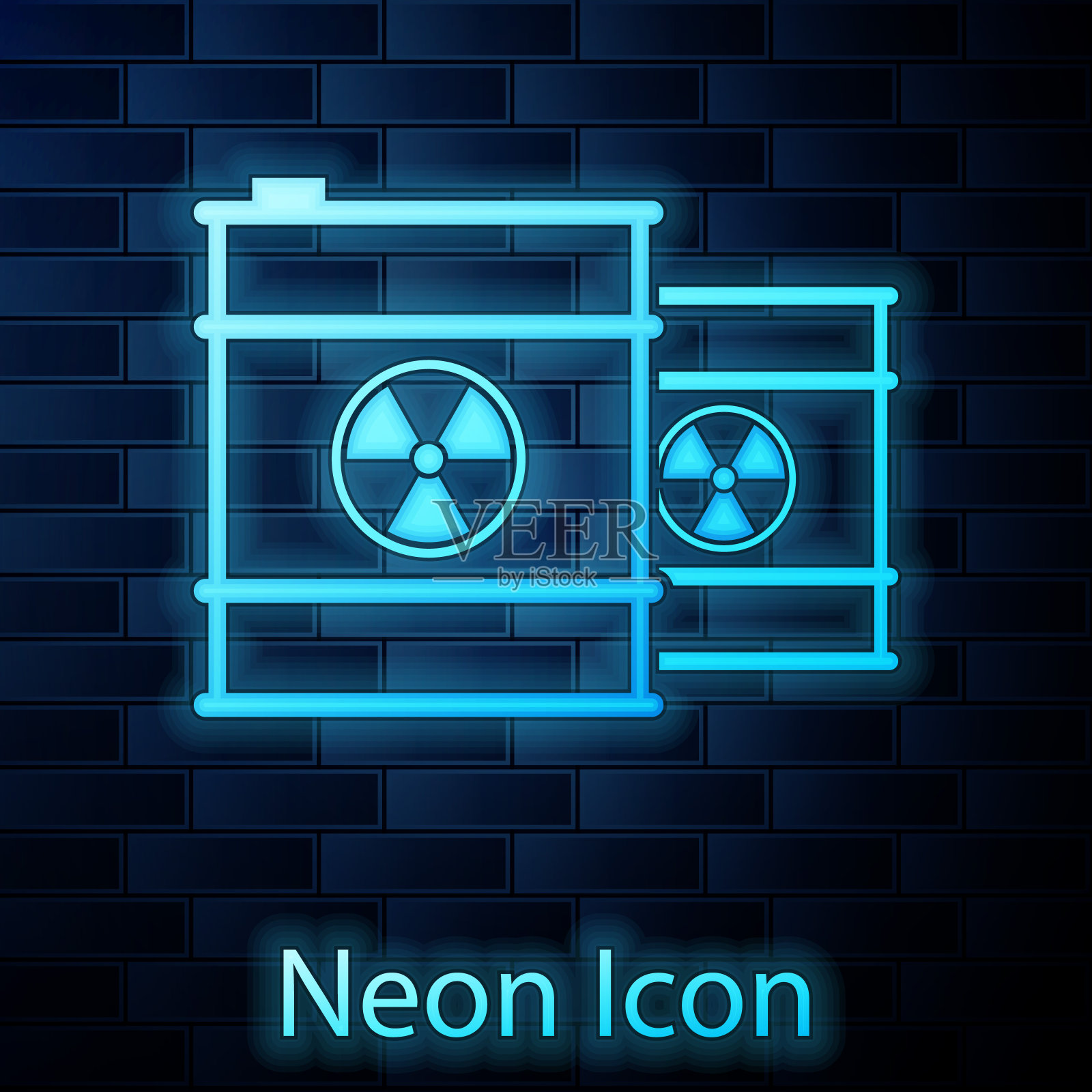 发光的氖在桶线图标孤立的砖墙背景放射性废物。有毒的废物桶。放射性垃圾排放,环境污染。矢量图插画图片素材