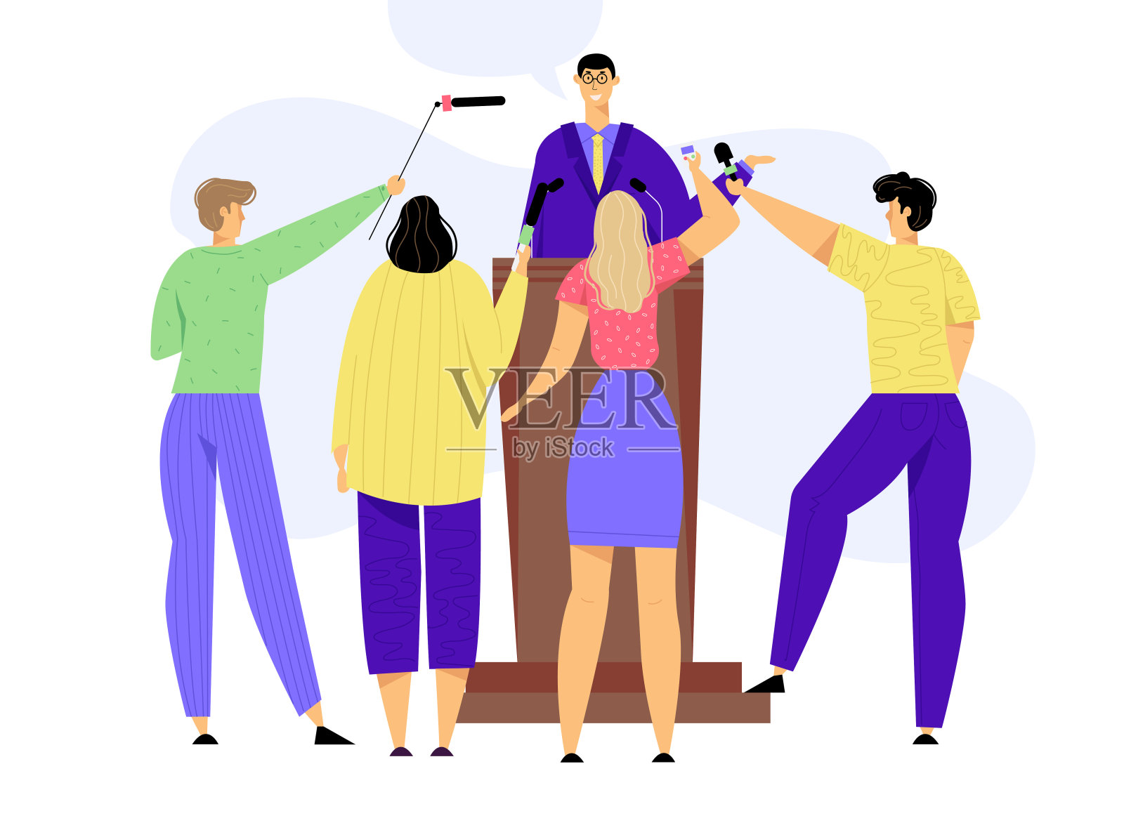 新闻发布会,大众媒体采访。一个拿着麦克风站在论坛上的男人。电视新闻概念与发言人和记者。矢量平面插图插画图片素材