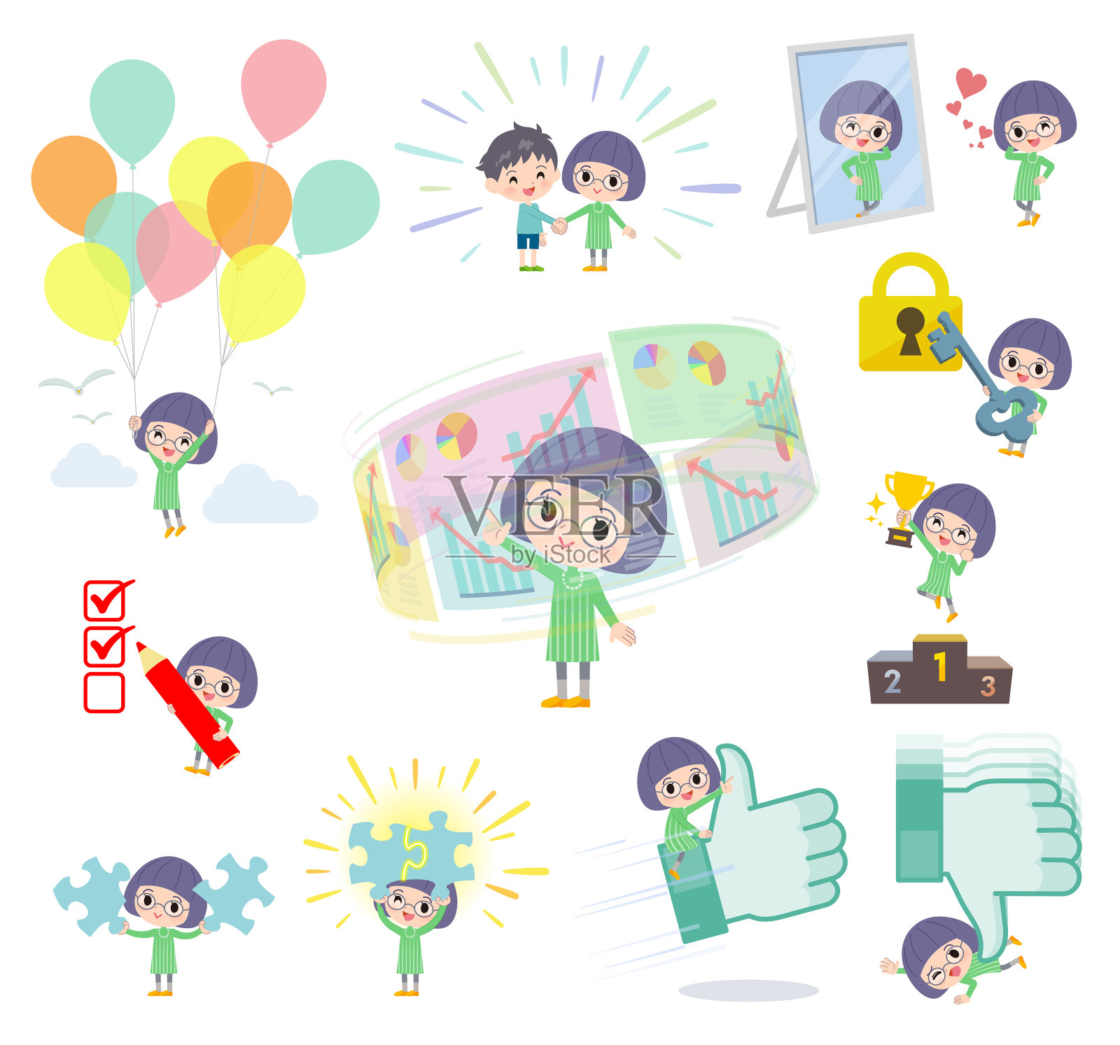 绿色衣服眼镜女孩成功插画图片素材