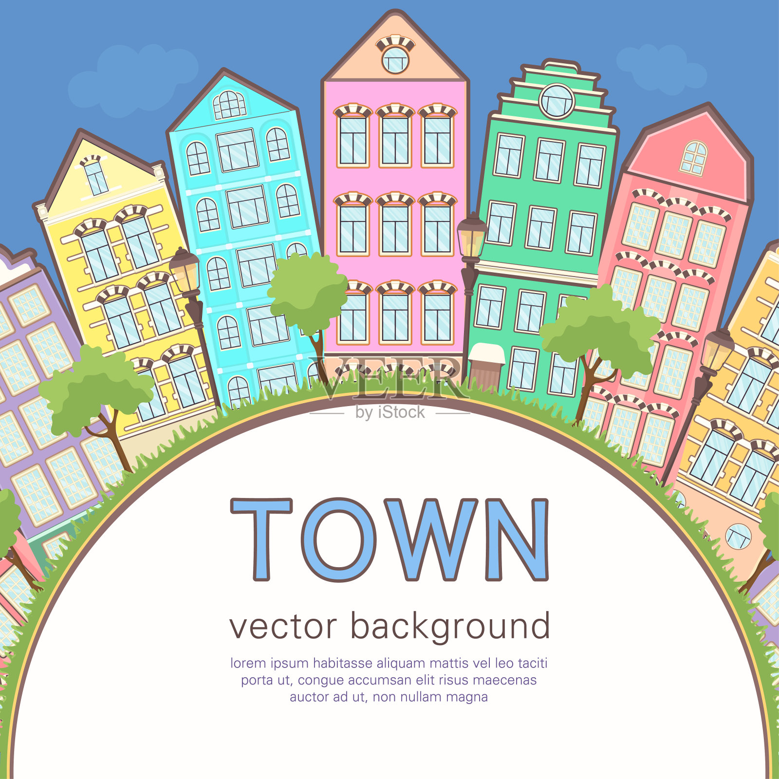 丰富多彩的城市背景,抽象程式化的房屋名片、横幅、封面。彩色的欧洲房屋排成一行,蓝天,草坪,灯光和树木,文字空间,平面绘图,矢量插画图片素材