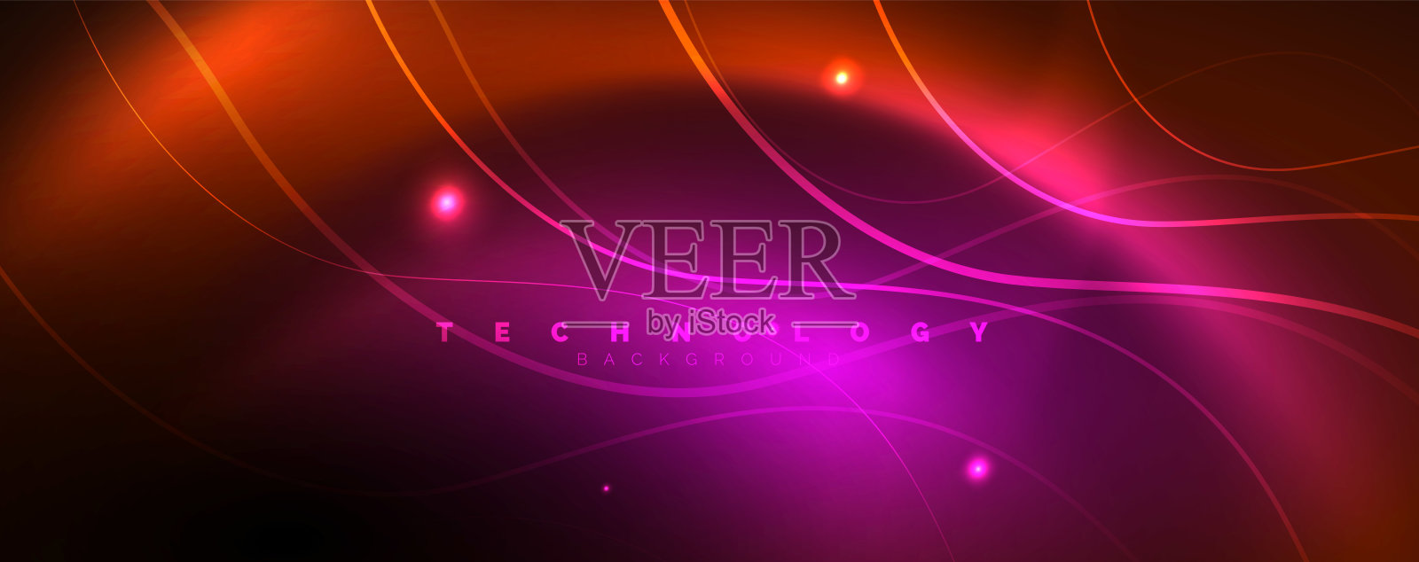 明亮的霓虹灯圆圈和波浪线,发光闪亮的背景设计模板,数字技术的概念。插画图片素材