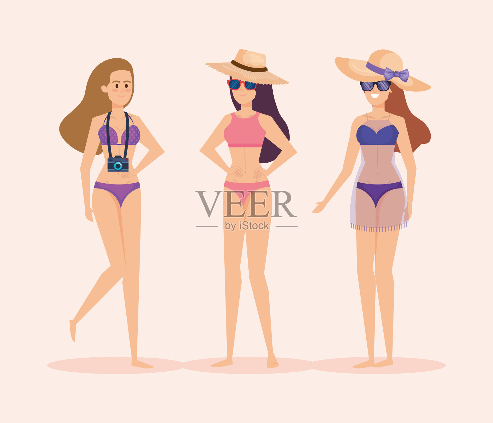 一组女性穿着泳装,戴着帽子,戴着太阳镜插画图片素材