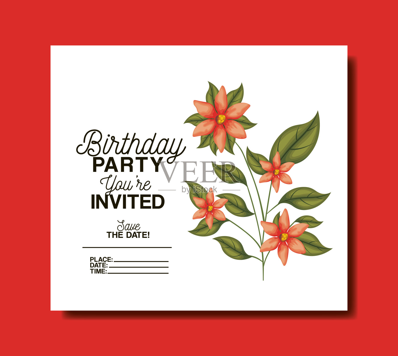 带花装饰的生日派对邀请函设计模板素材