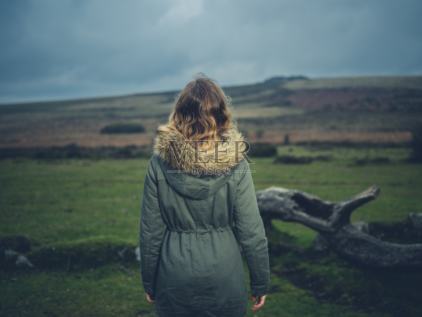 一个年轻女子被沼地上倒下的树绊倒了照片摄影图片