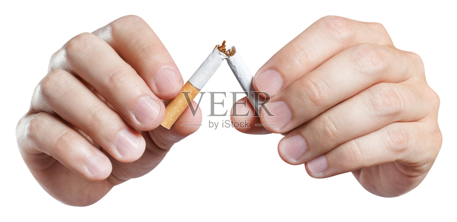 双手掰开一支白色的香烟照片摄影图片