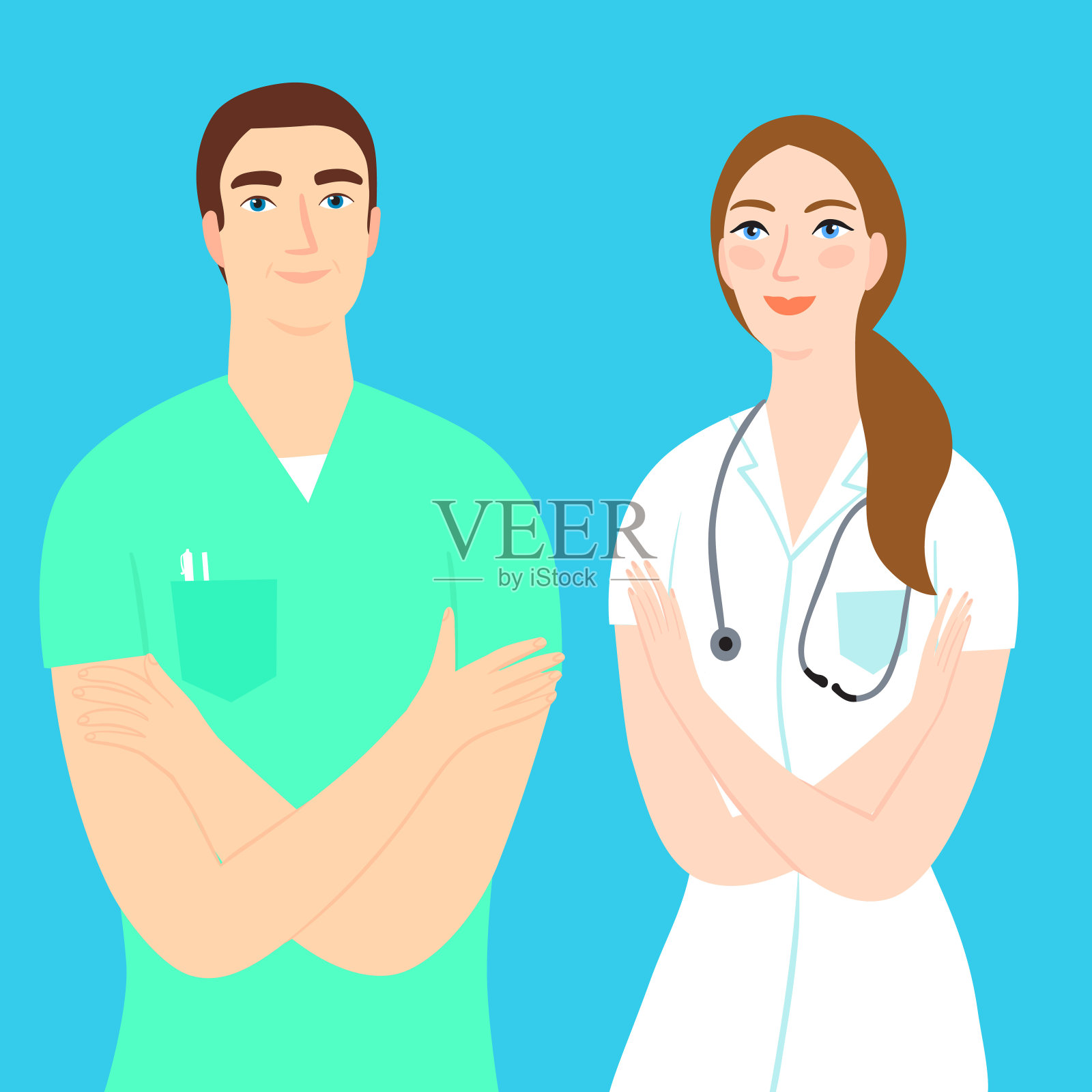 一男一女医生的卡通肖像。插画图片素材