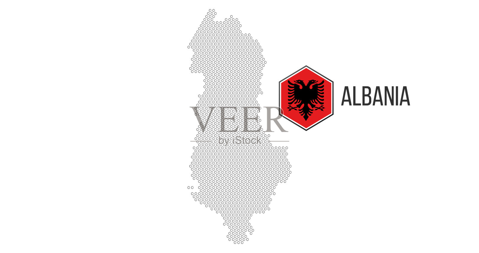 半色调六角形阿尔巴尼亚地图与六角形国旗。矢量地理地图上的白色背景。阿尔巴尼亚地图矢量马赛克。矢量插图。插画图片素材