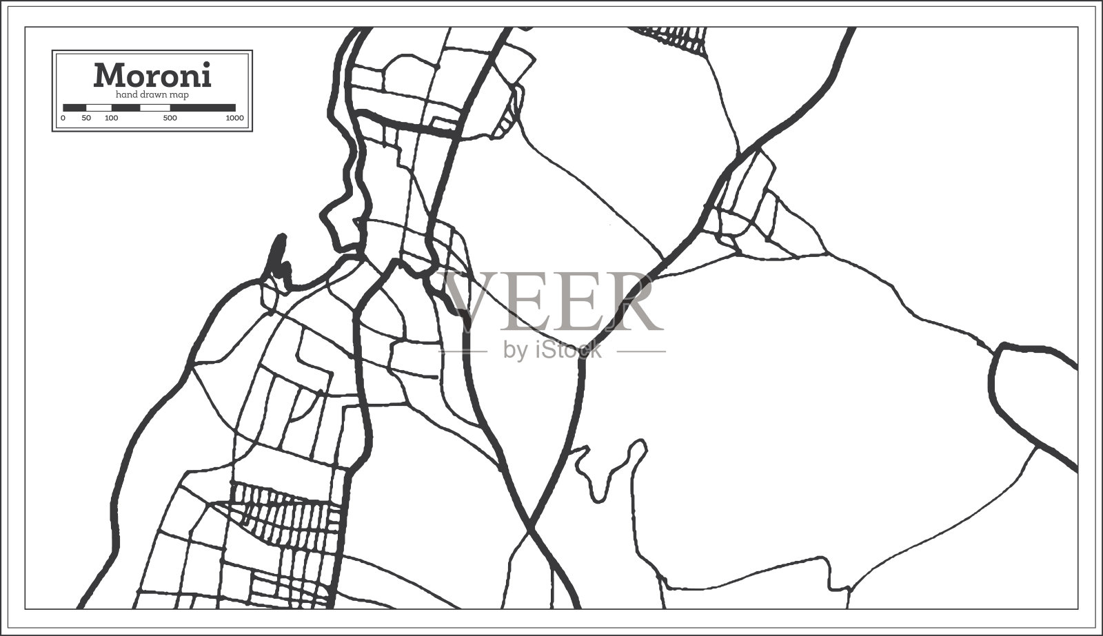 摩罗尼-科摩罗黑白地图。矢量插图。插画图片素材