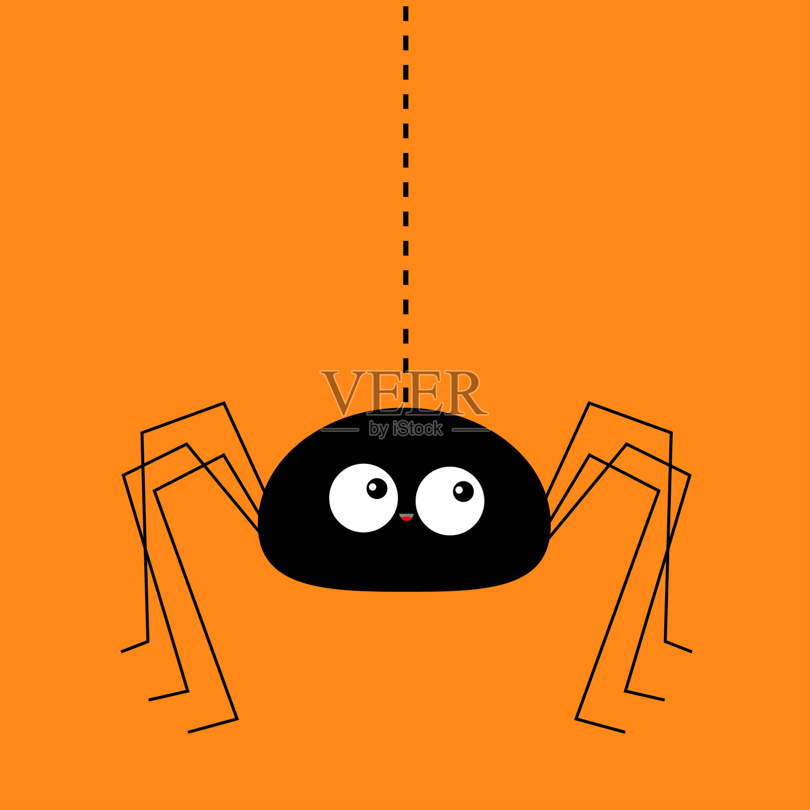 黑色蜘蛛剪影挂在虚线网。长爪。万圣节快乐。有趣的昆虫。大眼睛。可爱的卡通宝宝。平面材质设计。橙色背景。孤立。插画图片素材