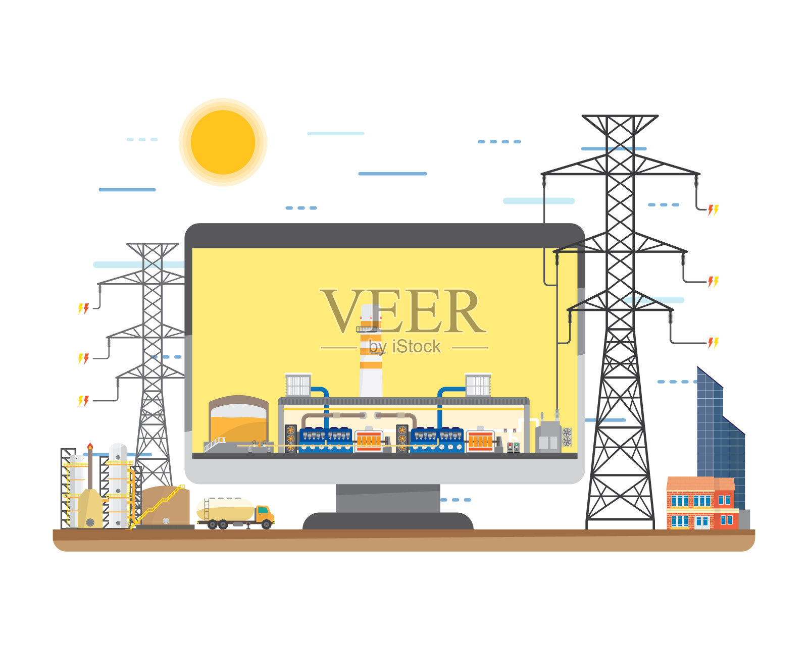 柴油能源,柴油发电厂,柴油发动机发电的简单图形插画图片素材