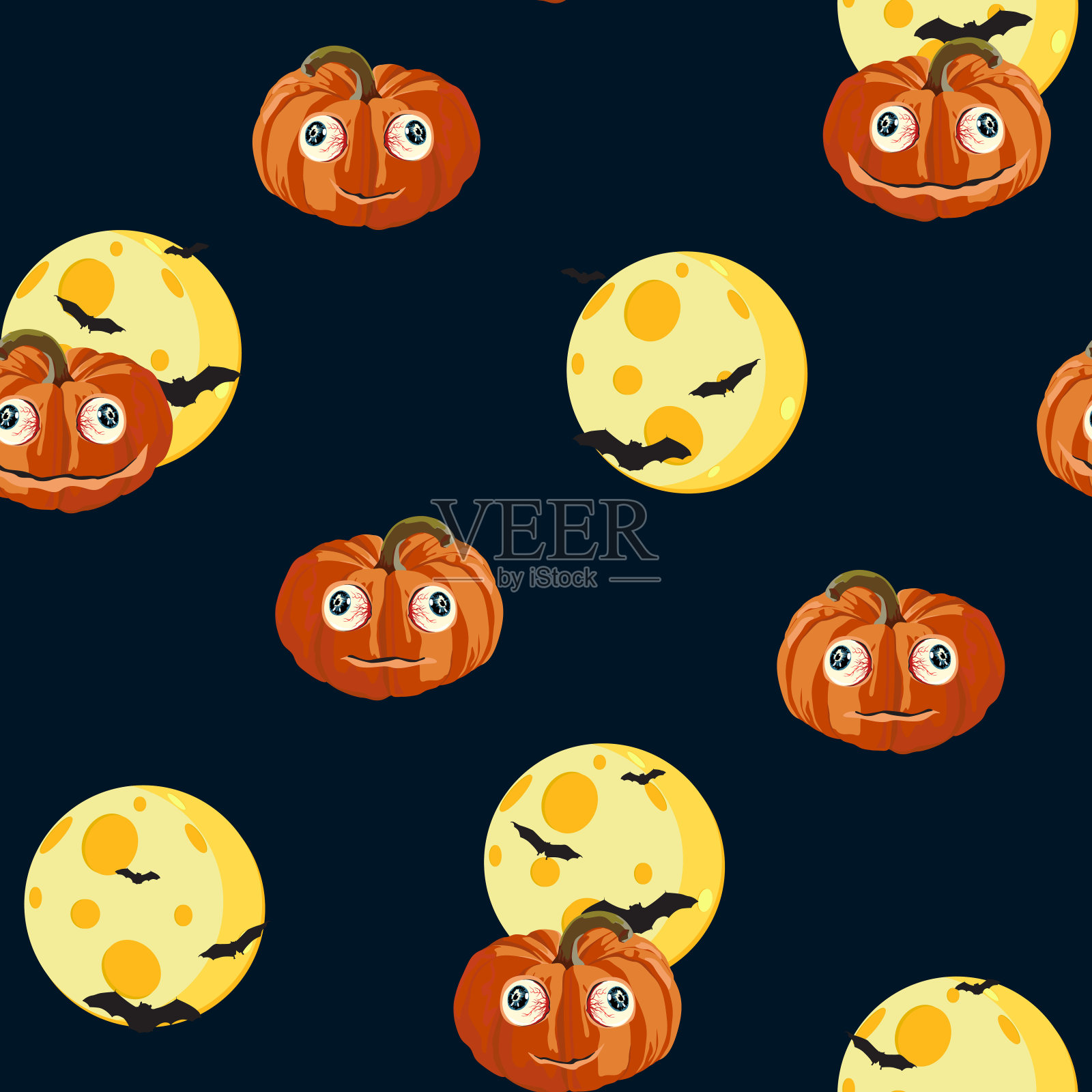 无缝模式与橙色万圣节南瓜雕刻脸,月亮和蝙蝠在黑色背景。可用于剪贴簿数码纸,纺织印刷,页填充。矢量插图。插画图片素材