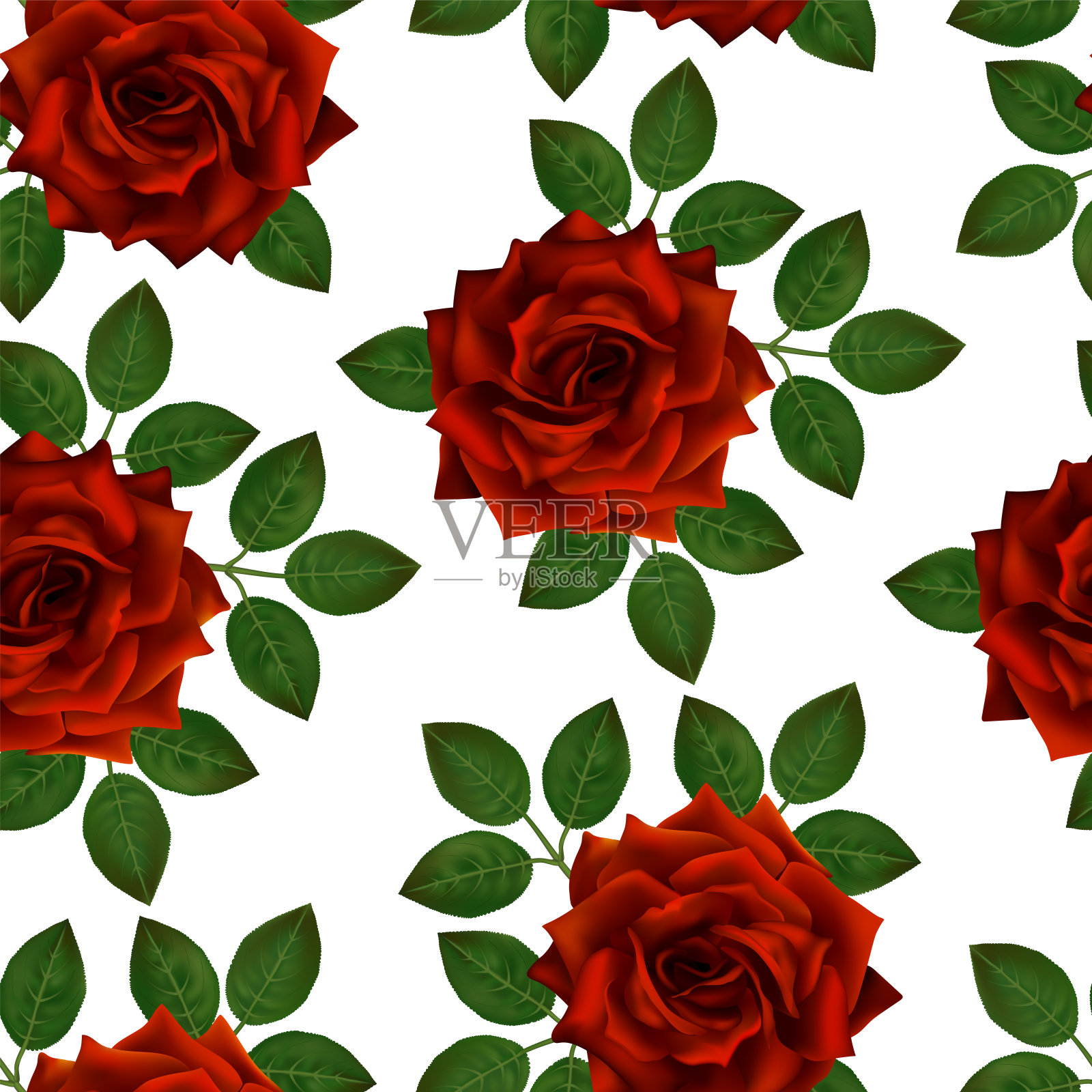 无缝模式与红玫瑰。美丽逼真的花和叶子。逼真的玫瑰花蕾,洁净矢量高细致效果插画图片素材