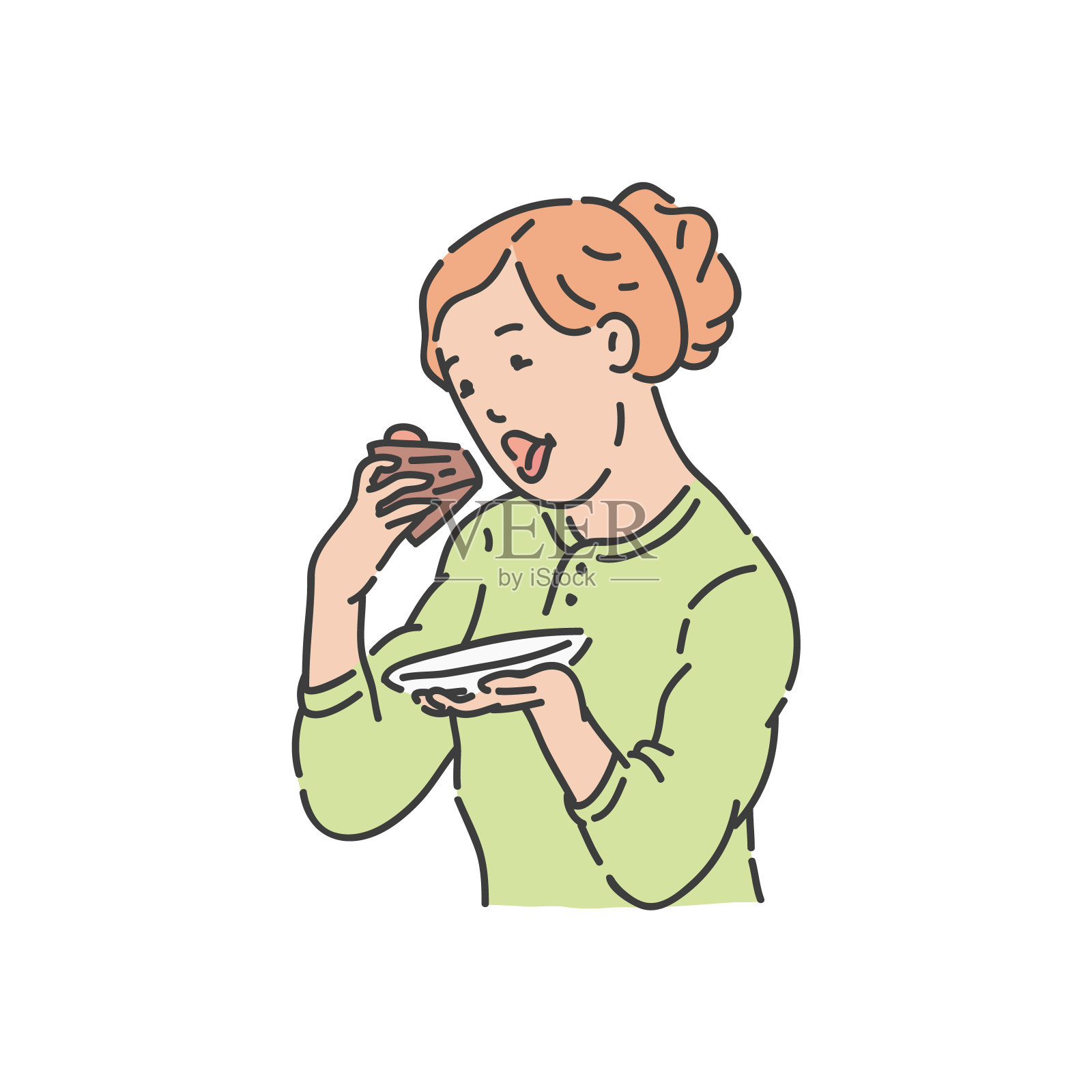 向量红发女人吃一块蛋糕插画图片素材