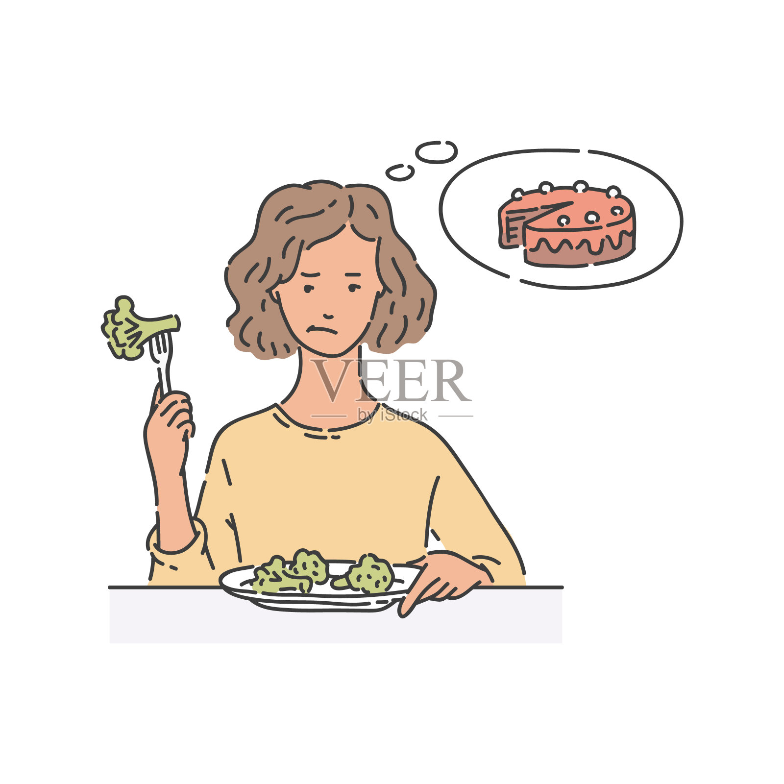 悲伤的女子坐在桌旁吃西兰花,想着蛋糕的速写风格插画图片素材