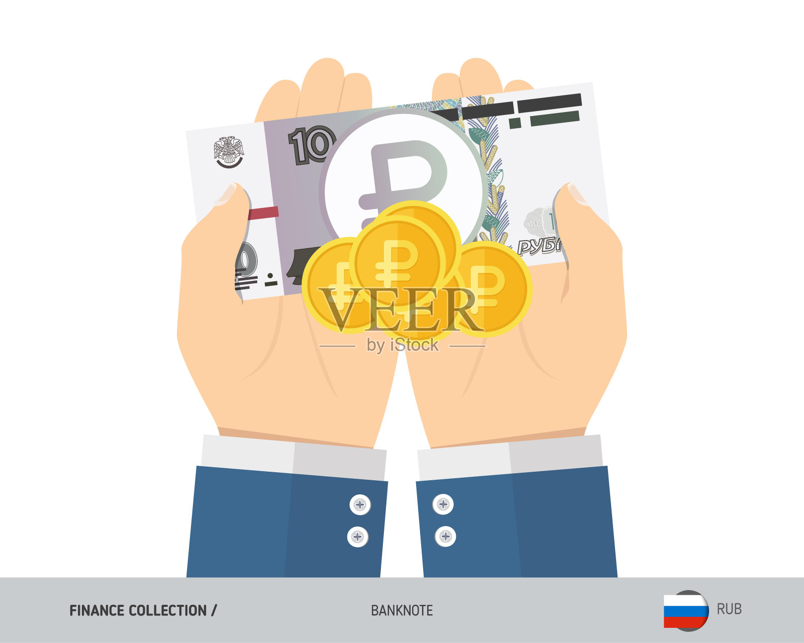 10俄罗斯卢布钞票和硬币在手心里。平面风格矢量插图。金融的概念。插画图片素材