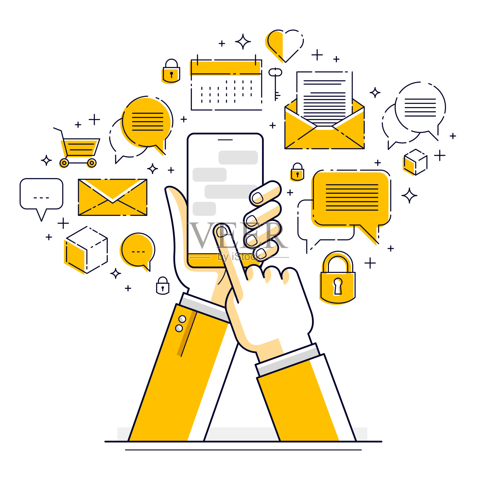 互联网通信和活动,手持手机和使用应用程序的人,全球网络,现代通信,信使,在线支付和购物,矢量设计。插画图片素材