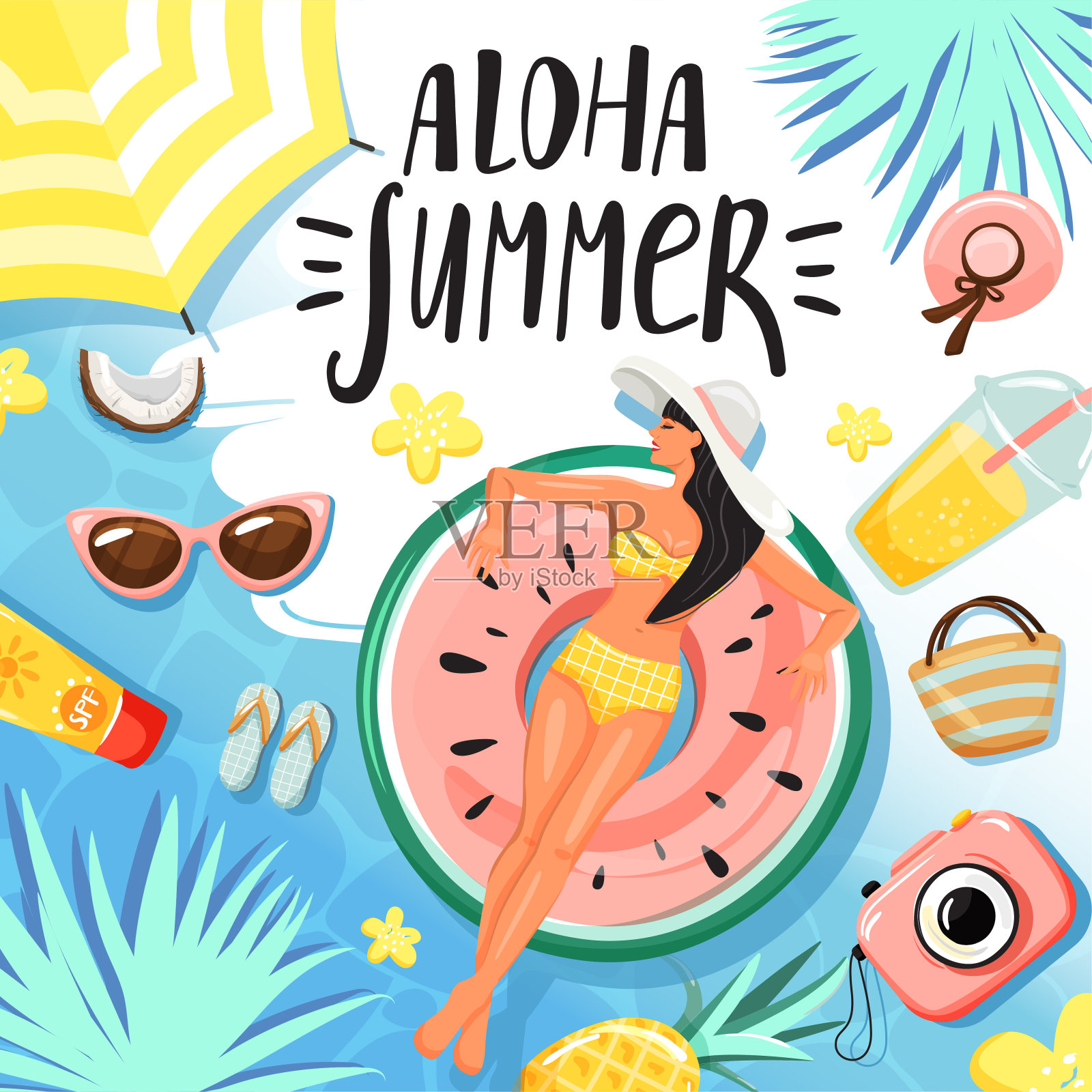 女人漂浮和日光浴在充气环。插画图片素材