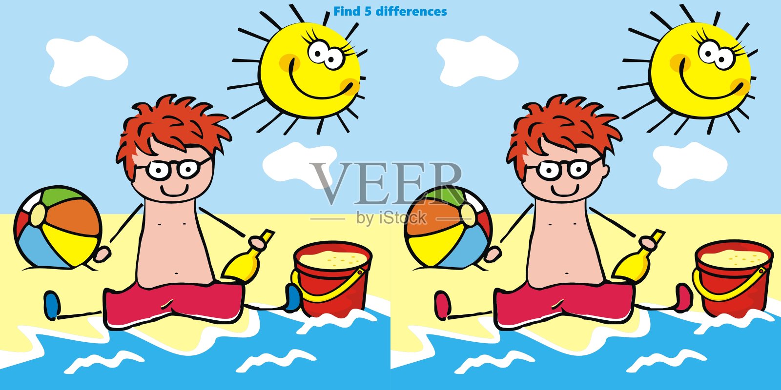 棋盘游戏,找到五个不同点,男孩在海滩上,eps。插画图片素材