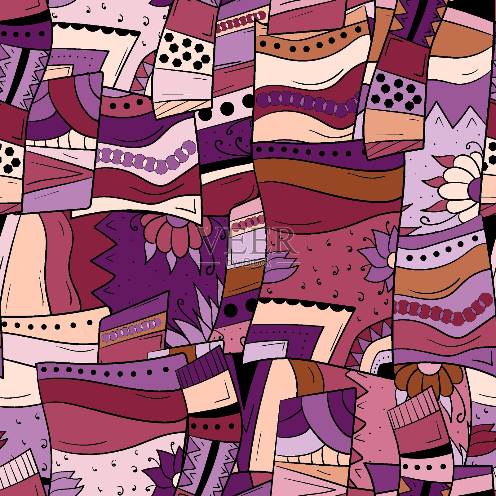 无缝背景与抽象几何图案。花和叶。正方形和圆形插画图片素材