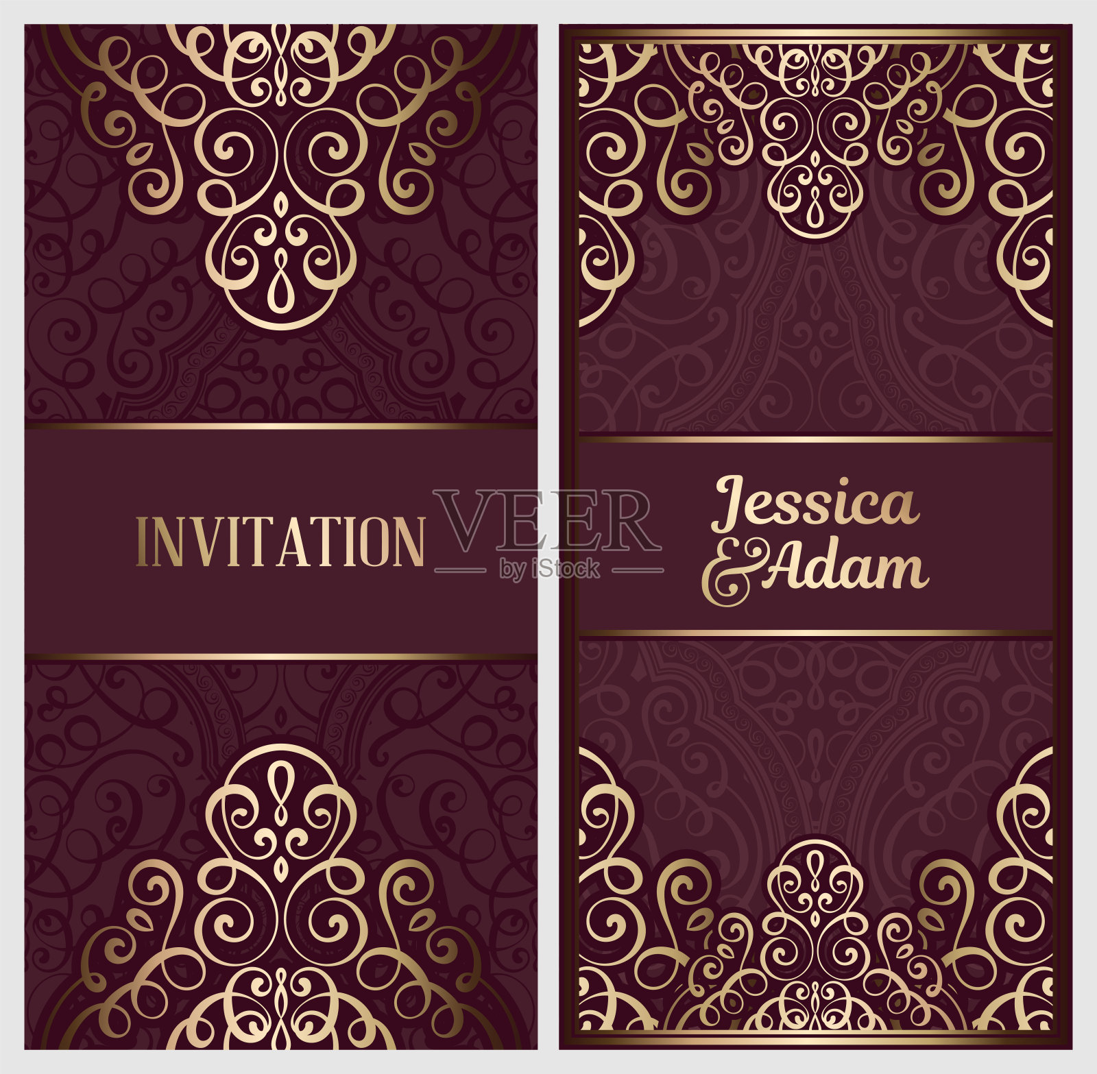 婚礼邀请卡与黄金闪亮的东方和巴洛克丰富的树叶。华丽的伊斯兰背景为您的设计。伊斯兰教,阿拉伯语,印度语,迪拜。插画图片素材