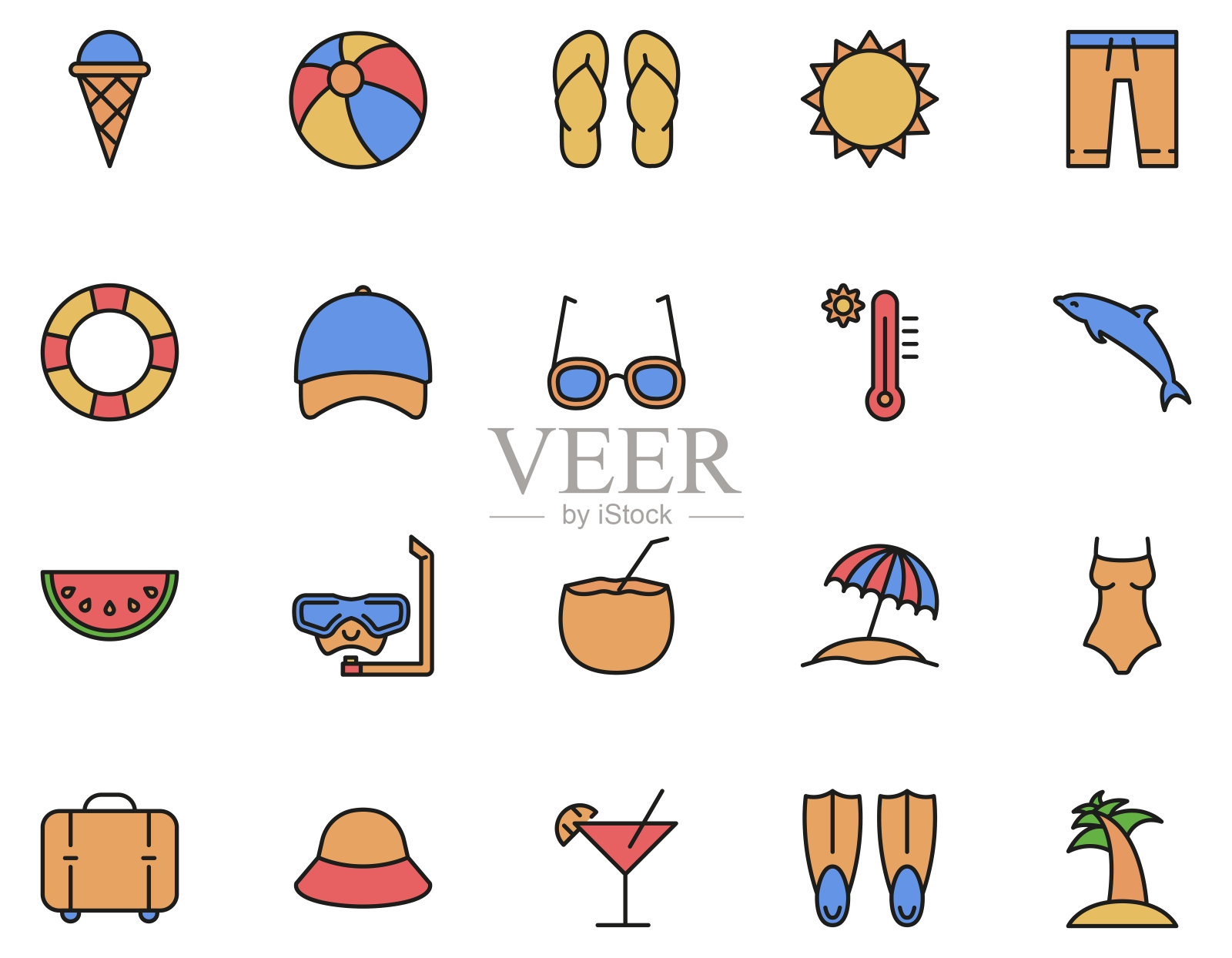 夏季设置的图标在填充轮廓风格,度假元素矢量插图图标素材