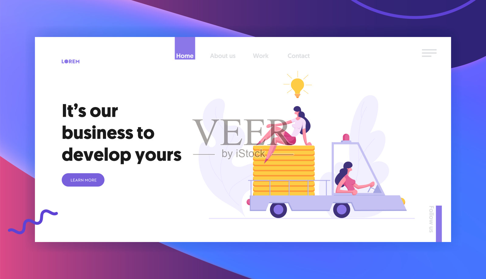 商业交付,财务成功概念,女人性格驾驶卡车汽车,女孩与灯泡坐在金币堆栈,网站着陆页,网页。卡通平面矢量插图,旗帜插画图片素材