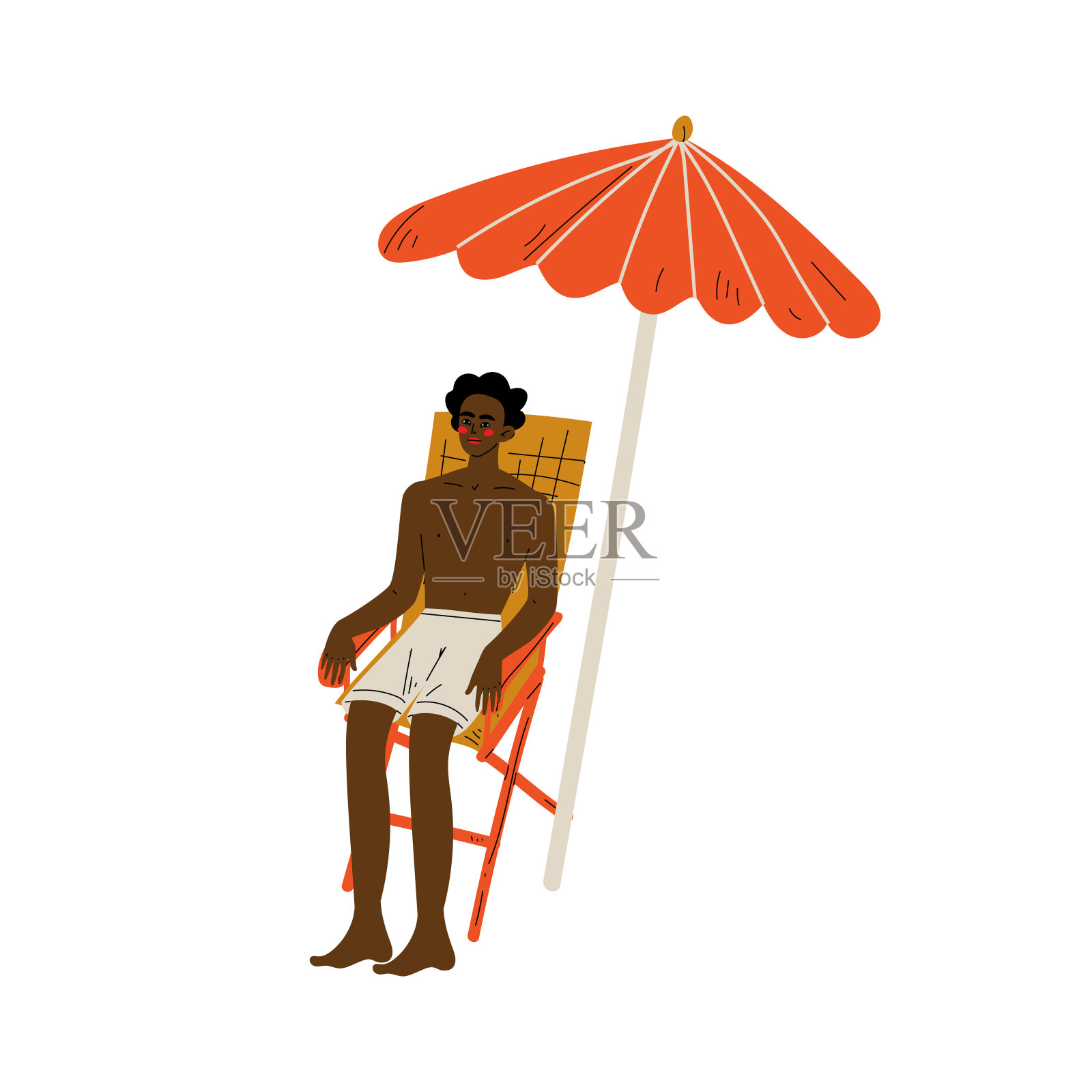 穿短裤的非裔美国人坐在躺椅在遮阳伞下,盖伊放松在夏天假期的海滩矢量插图插画图片素材