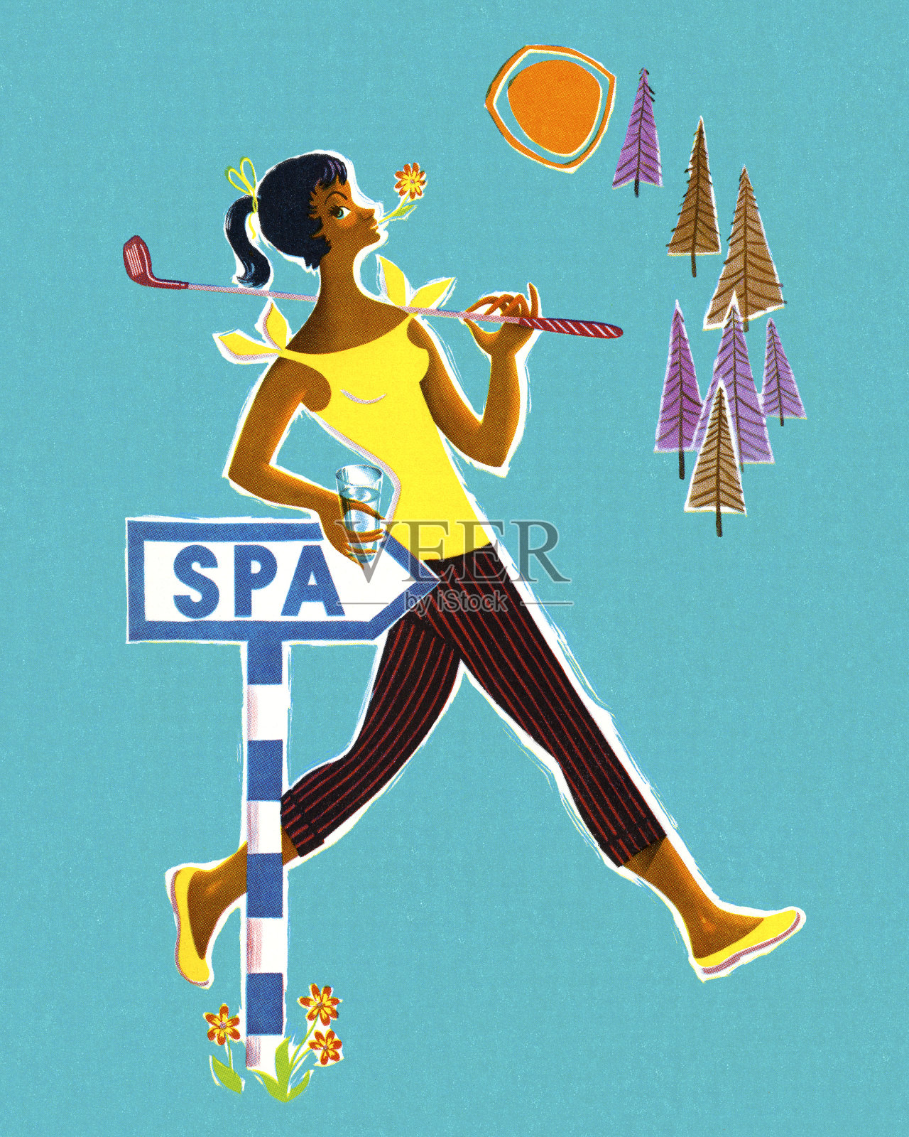 走向温泉的女人插画图片素材