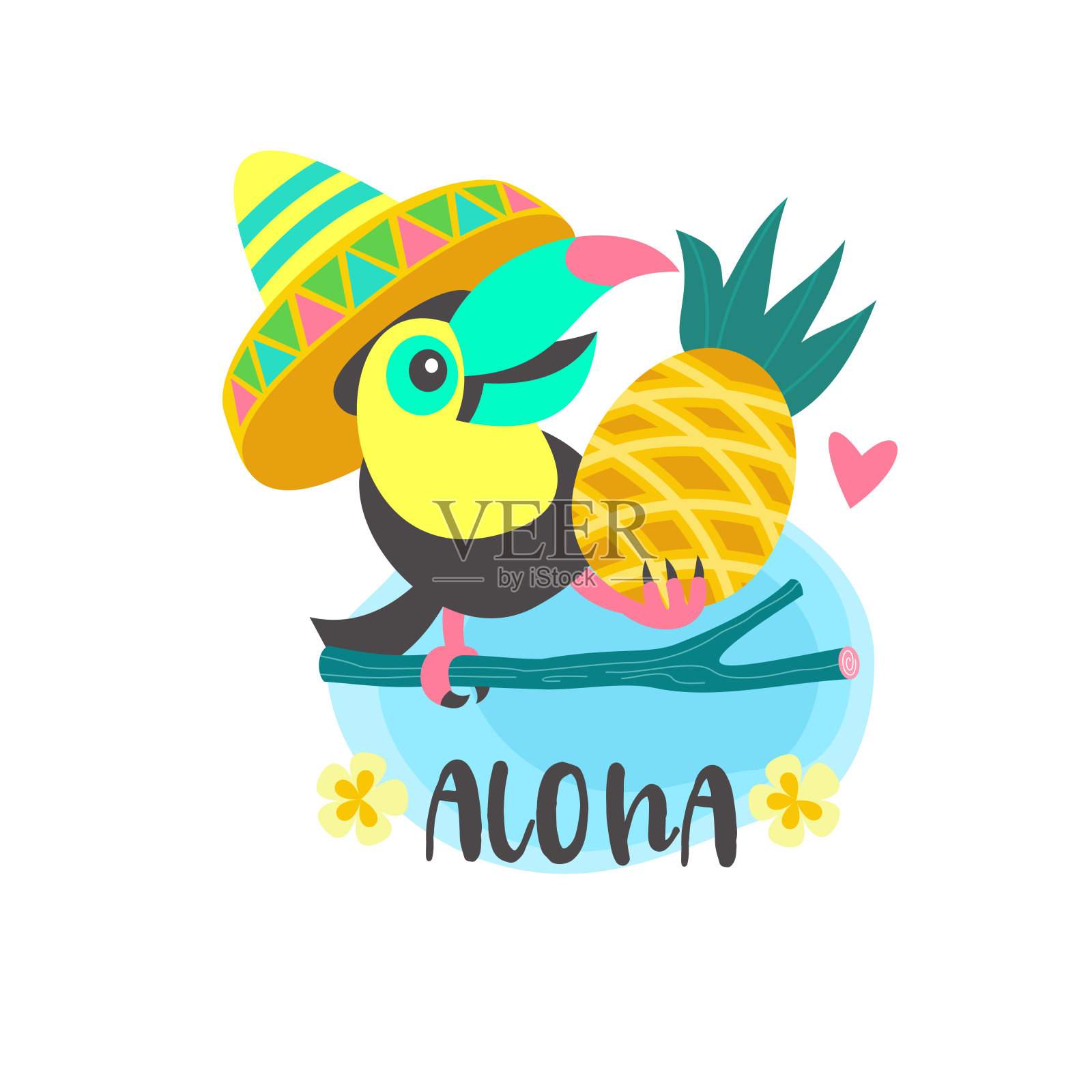 你好,夏天。阿罗哈。可爱有趣的卡通巨嘴鸟。热带天堂。矢量插图。插画图片素材