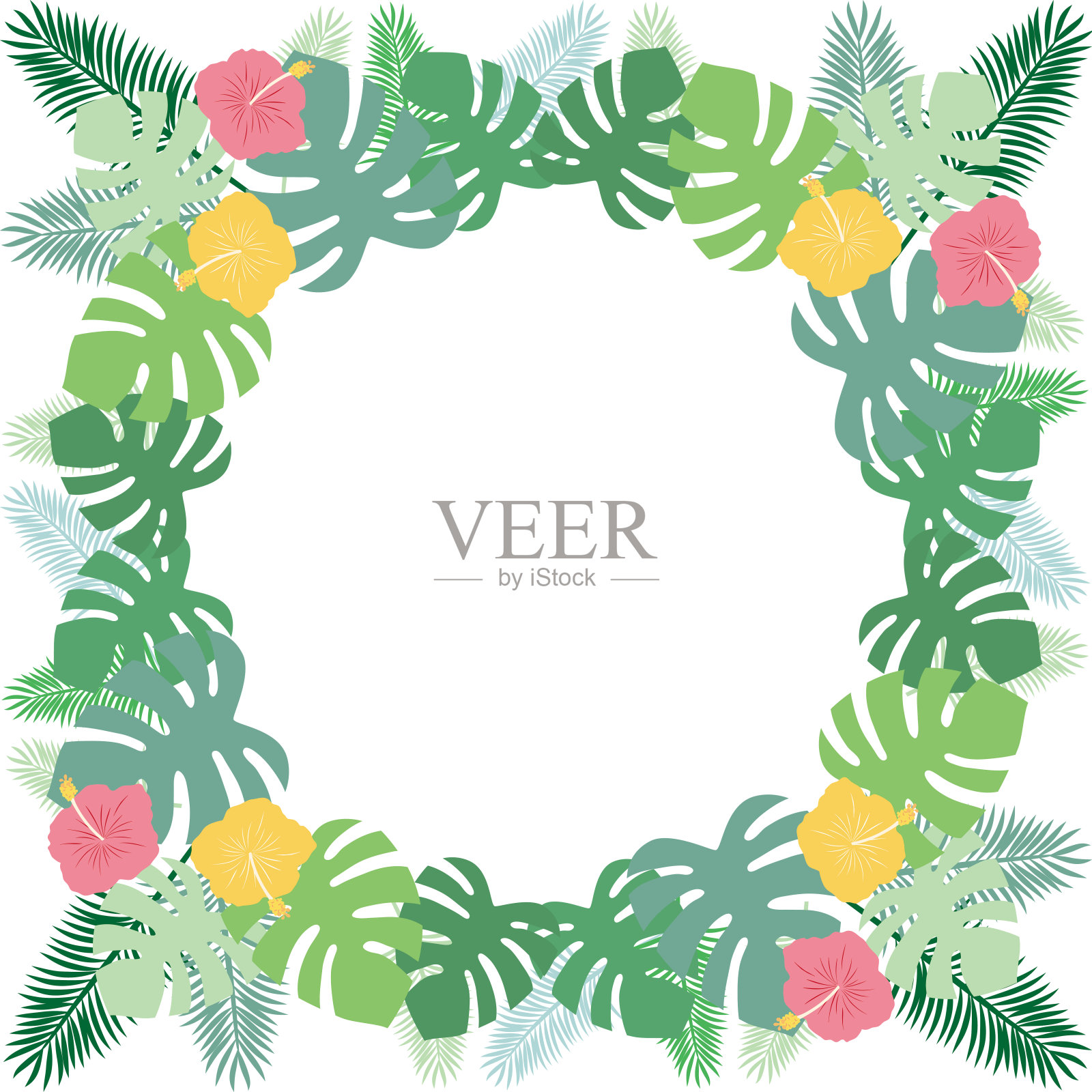 插图的圆形框架与怪物和手掌和木槿。插画图片素材