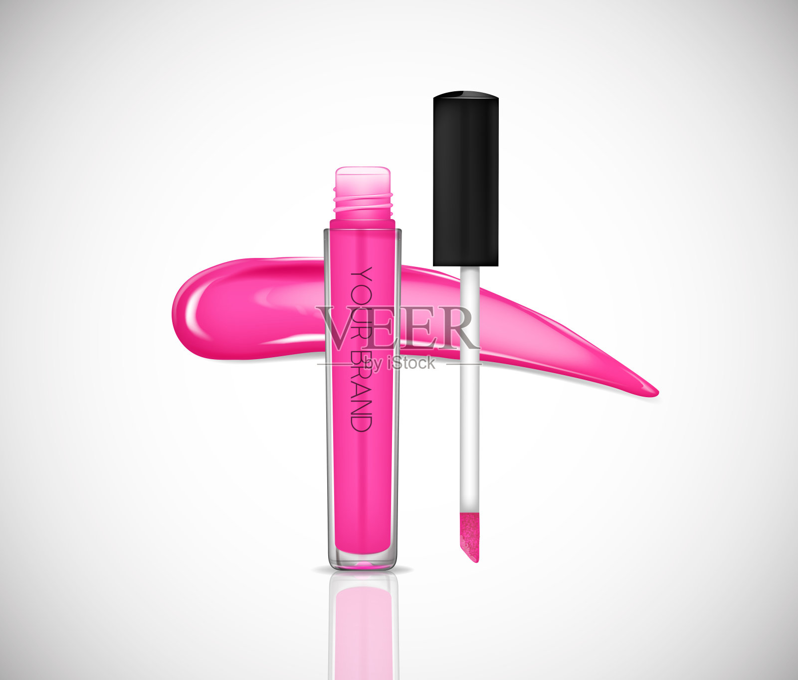 粉色液体口红,唇彩,优雅的玻璃瓶,黑色盖,封闭和开放的容器,刷,隔离。涂片。插画图片素材