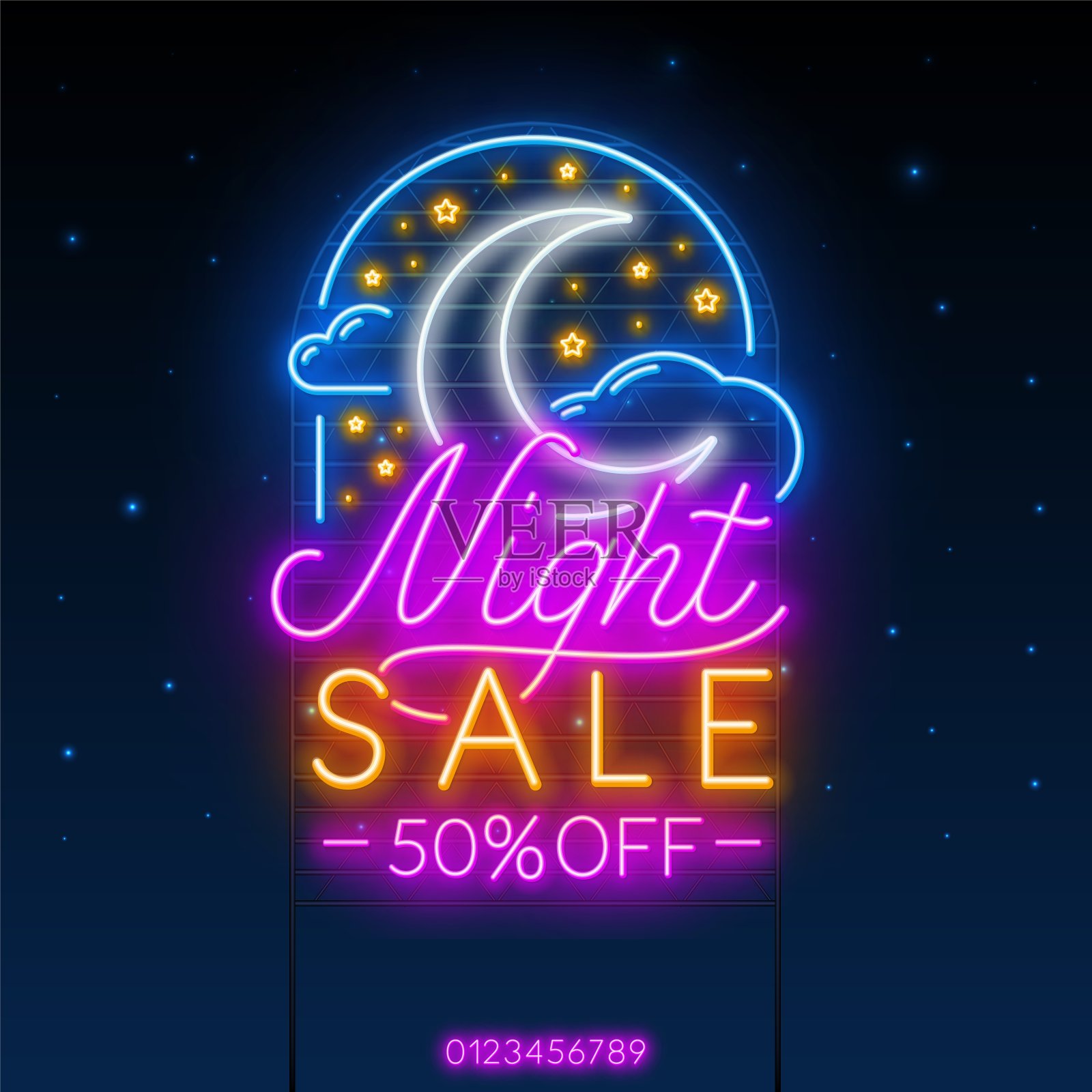 星空背景下的夜市霓虹招牌。光横幅与月亮,云彩和星星。插画图片素材
