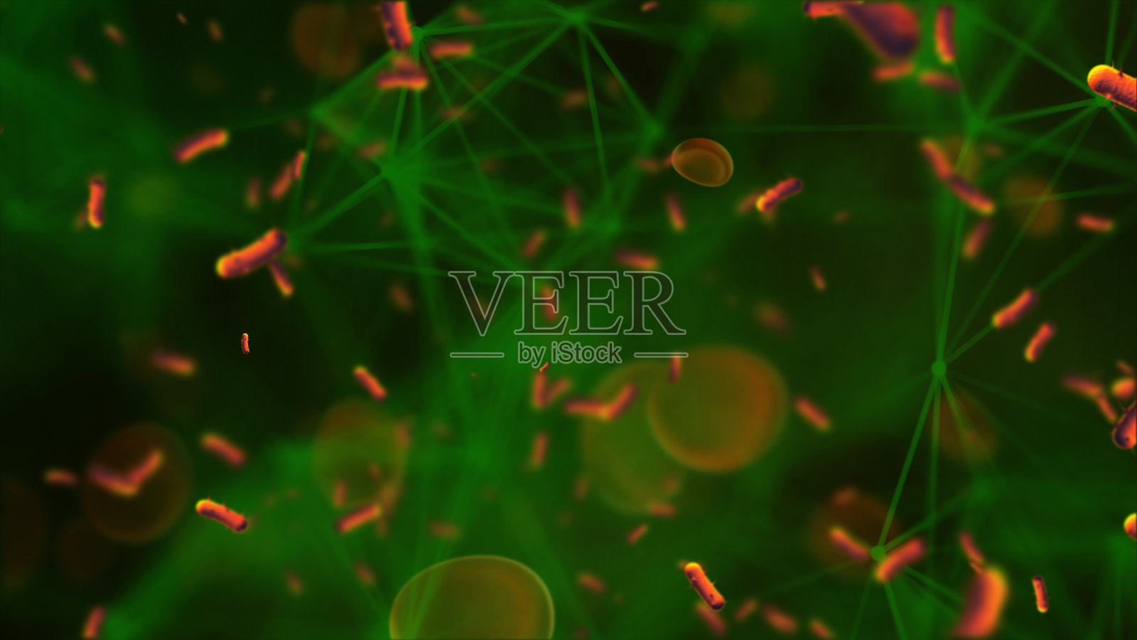 细菌、病毒和红血球感染血细胞,通过静脉血液传播,人体健康科学生物学病毒感染血细胞和免疫概念3D渲染照片摄影图片