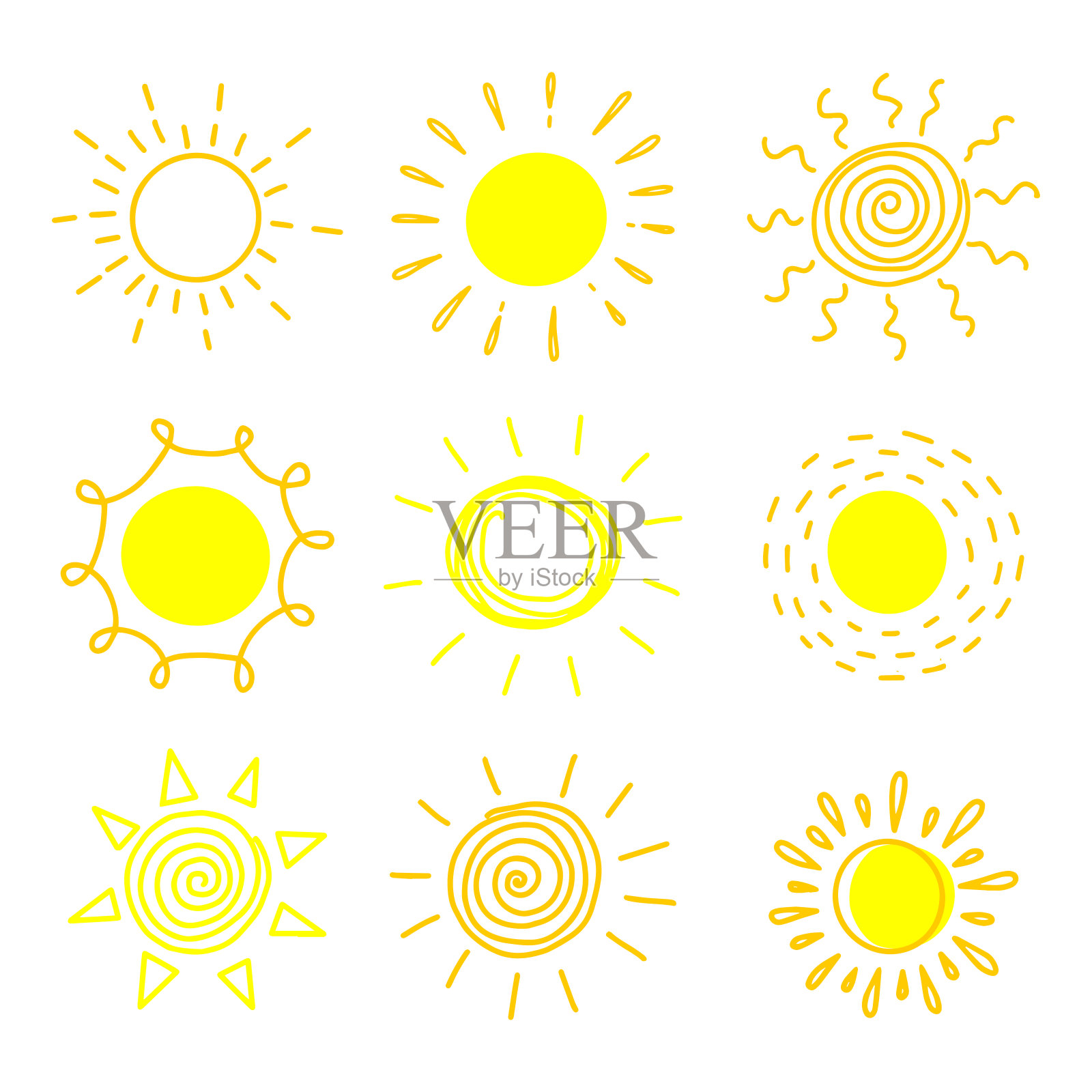 白色背景上手绘的大太阳。插画图片素材